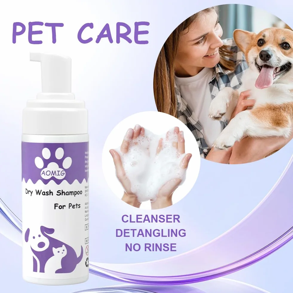 Aomig Suchy szampon dla kotów i psów, 150 ml, bez spłukiwania, głębokie czyszczenie włosów, chłodzenie, 100% naturalny, na łupież, tłuszcz, zapach