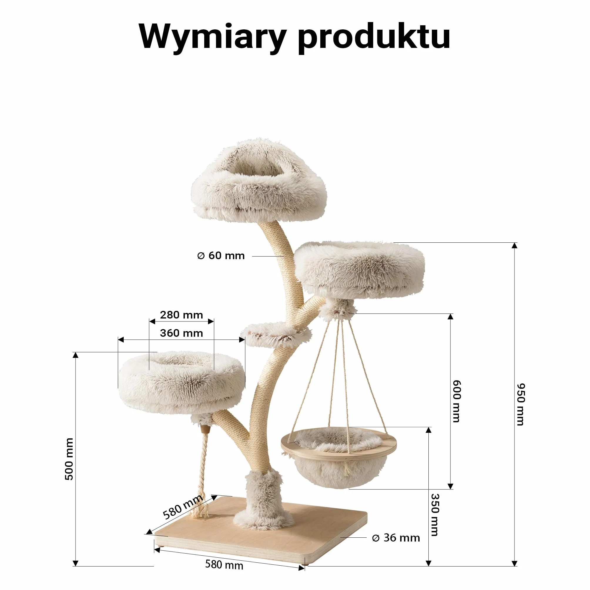 Fudajo Drapak dla kota w stylu drzewka 130 cm, designerskie drzewko dla kota z pluszowym legowiskiem i leżanką, stabilne sizalowe słupki do drapania