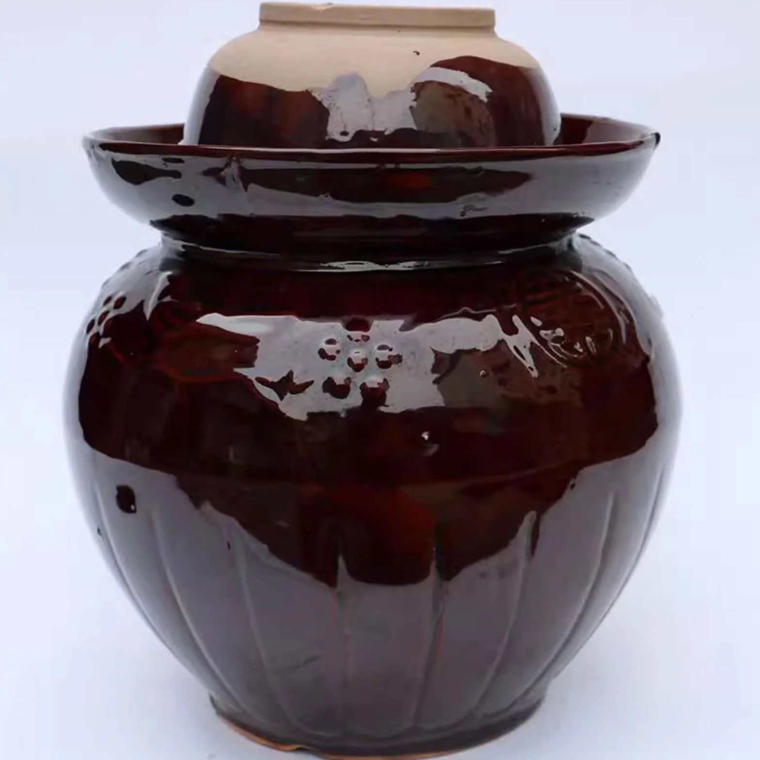 Garnek fermentacyjny z pokrywką z uszczelką wodną - Tradycyjny chiński ceramiczny garnek do kiszenia kapusty - Kamionkowy fermentator do sosu kimchi, warzenia kombuchy,3.5L