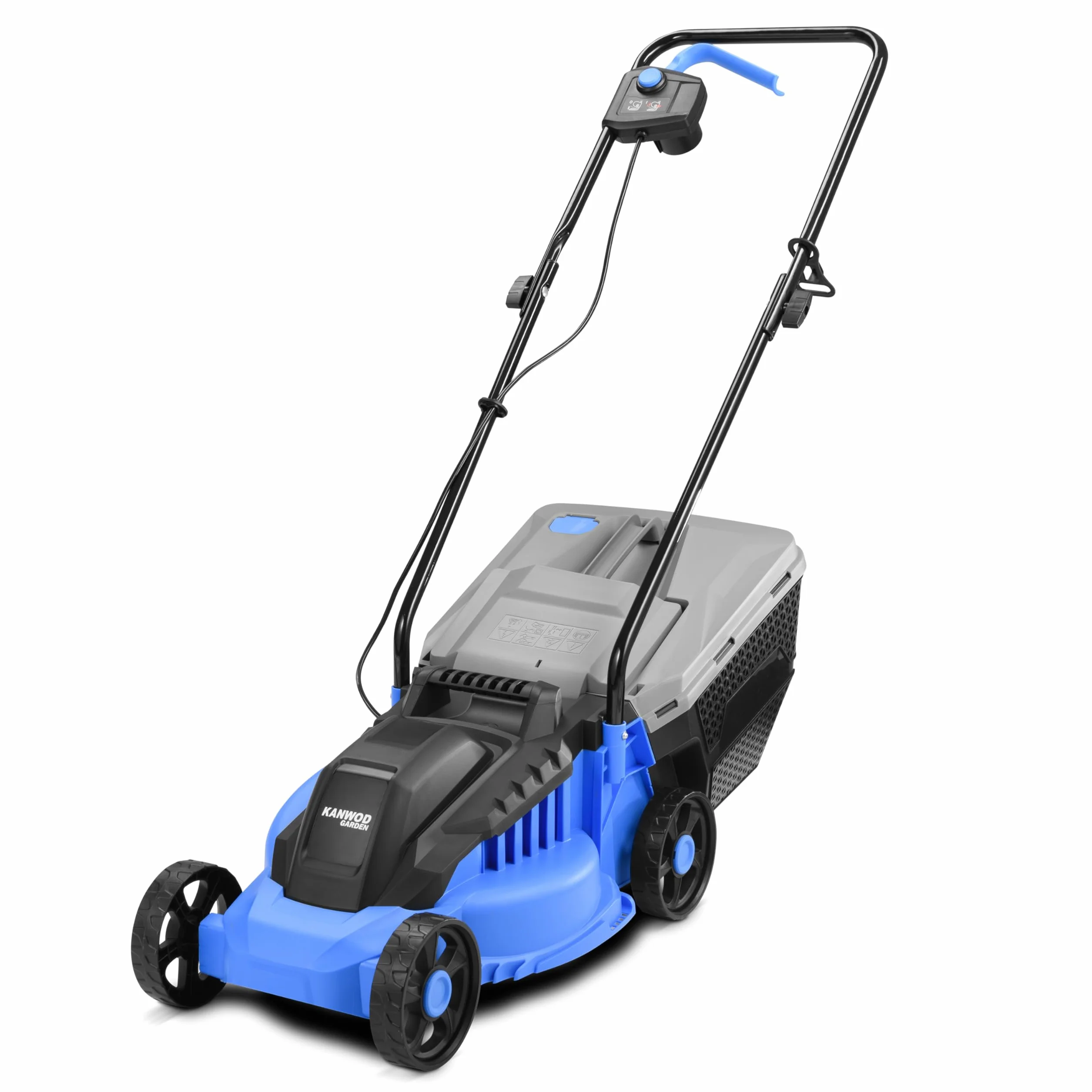 Elektryczna kosiarka do trawy Kanwod 1200 W, szerokość cięcia 34 cm, kosz 30 litrów, wysokość cięcia regulowana na 3 poziomach od 30 do 70 cm, 3400 obr/min