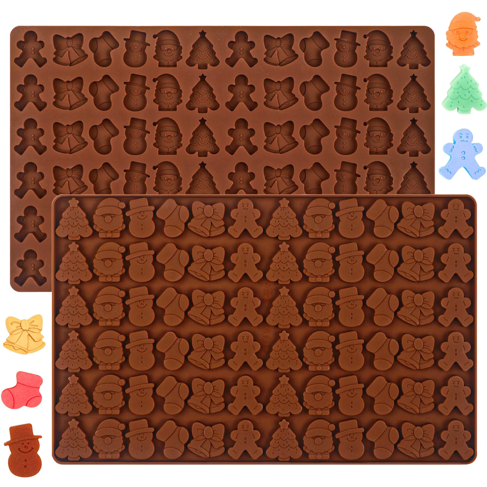 Webake Świąteczne foremki do czekolady, silikonowe formy żelowe, 2 szt., 72 wnęki, mini piernik, forma, choinka, bałwan, Boże Narodzenie, pończocha, dzwonki, formy do żelowych ciasteczek cukierkowych