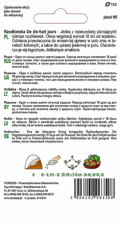 Osiemnaście dni nasiona rzodkiewki Raphanus sativus – super szybkie dojrzewanie, łagodny smak, odpowiednie na wiosnę i jesień, wszechstronne zastosowanie, idealne do tuneli i na świeżym