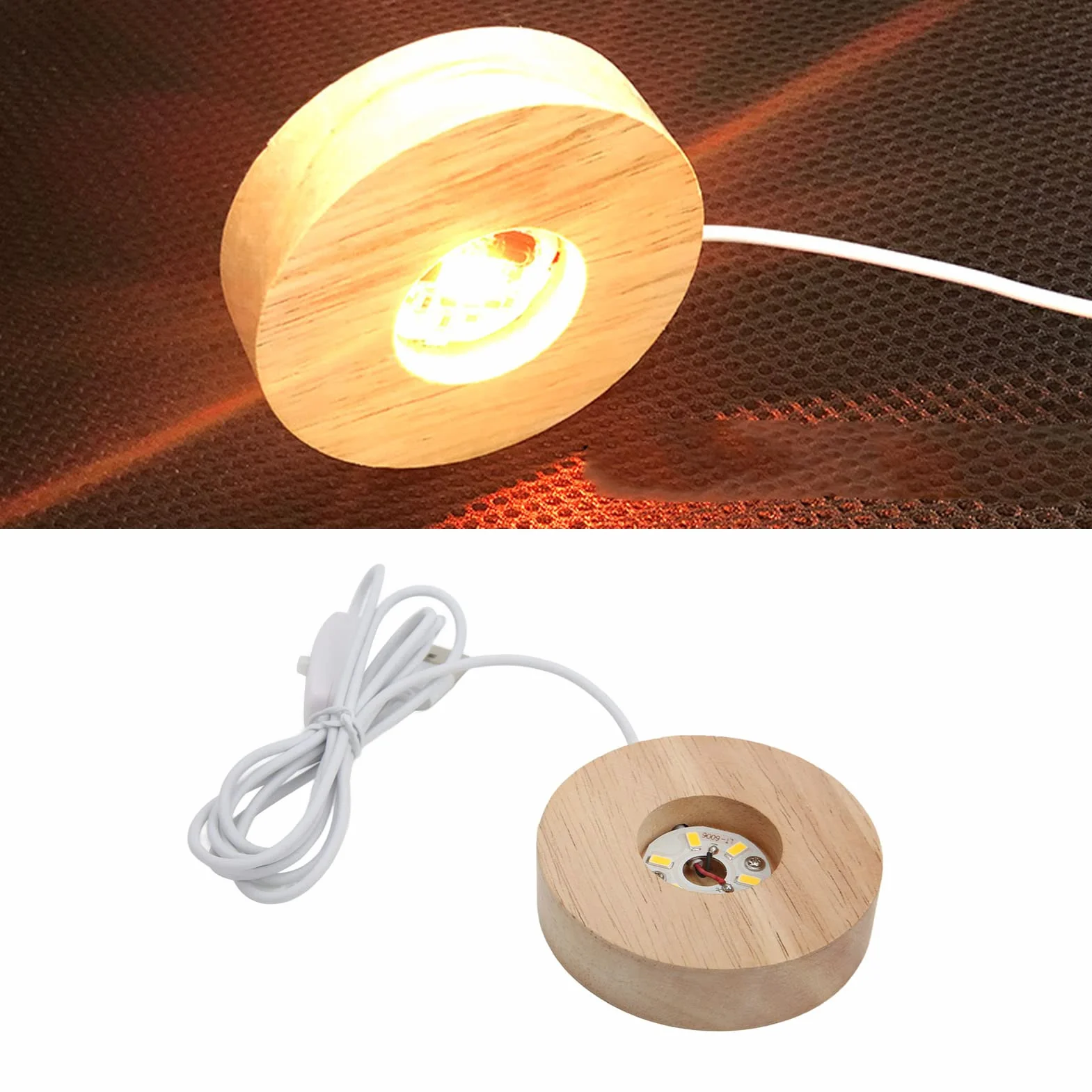 Podstawa do wyświetlacza LED, luksusowa drewniana podstawa LED z zasilaniem USB, średnica 8 cm, solidne dębowe drewno do prezentacji kryształów, szkła artystycznego i biżuterii
