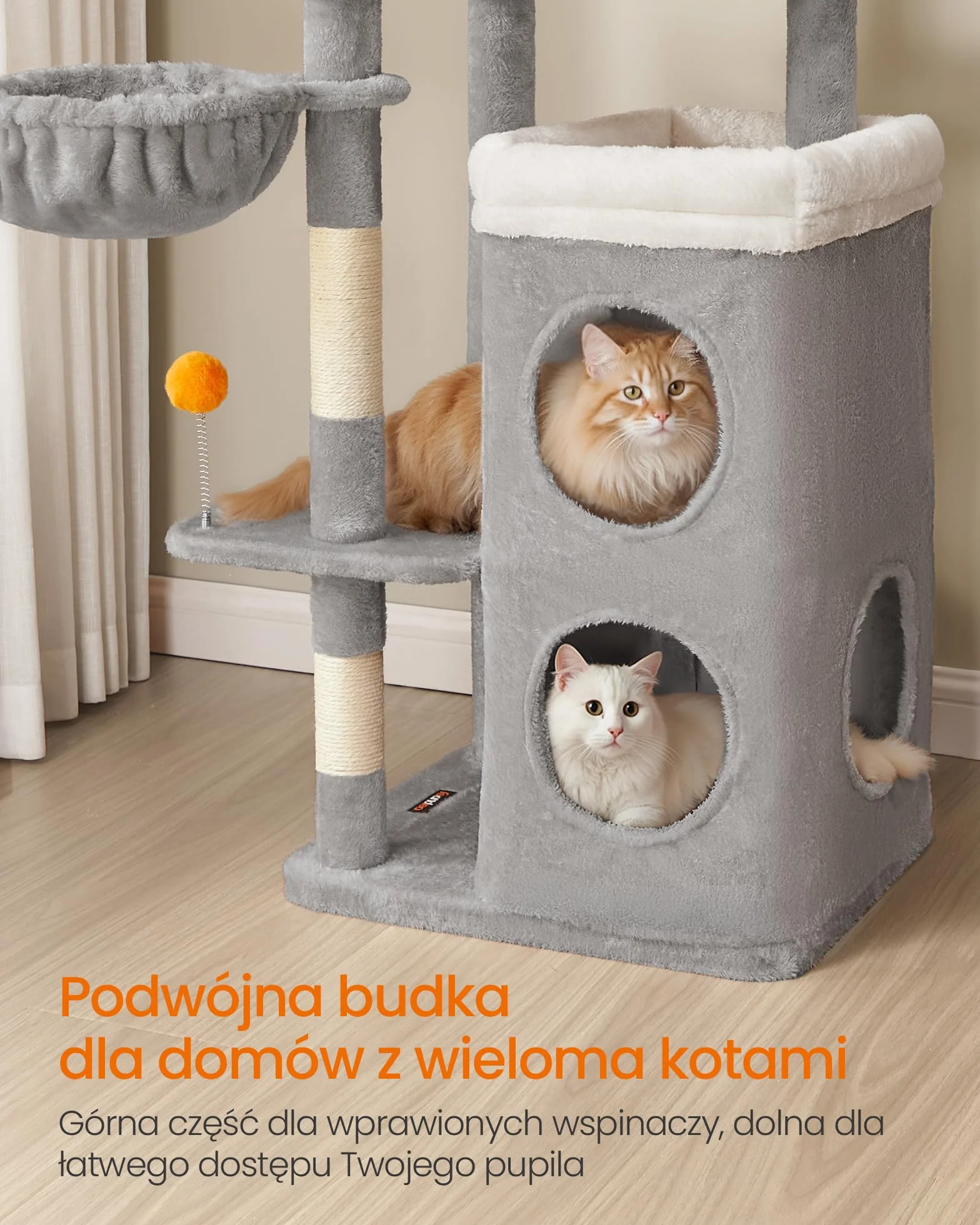 Feandrea Drapak dla kota, wys. 152 cm, wielopoziomowy, 2 duże legowiska, 1 miejsce do spania, 3 drapaki, 3 platformy, drapak dla kota, kolor gołębi PCT007G01