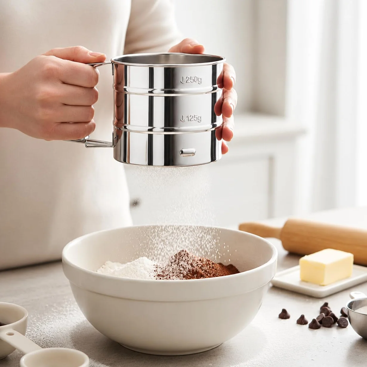 Sitko do mąki, cukier pudrowy, młynek do cukru pudru, filtr obsługiwany jedną ręką, ze stali nierdzewnej, pojemność 250 g