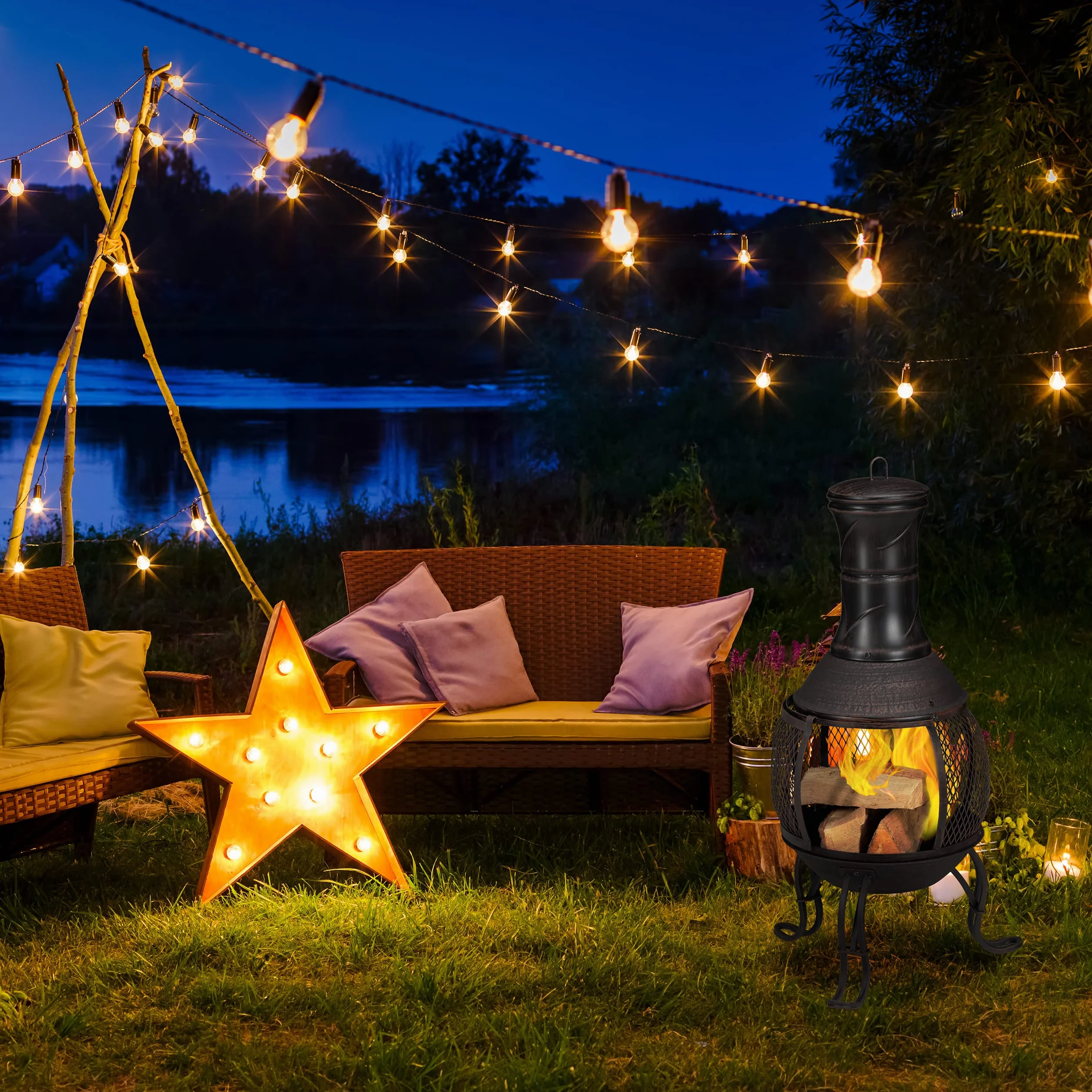 Relaxdays Piec tarasowy, stal i żeliwo, wys. x śr.: 88 x 36 cm, kominek ogrodowy, ochrona przed iskrami, Chiminea, piec aztecki, czarny/złoty