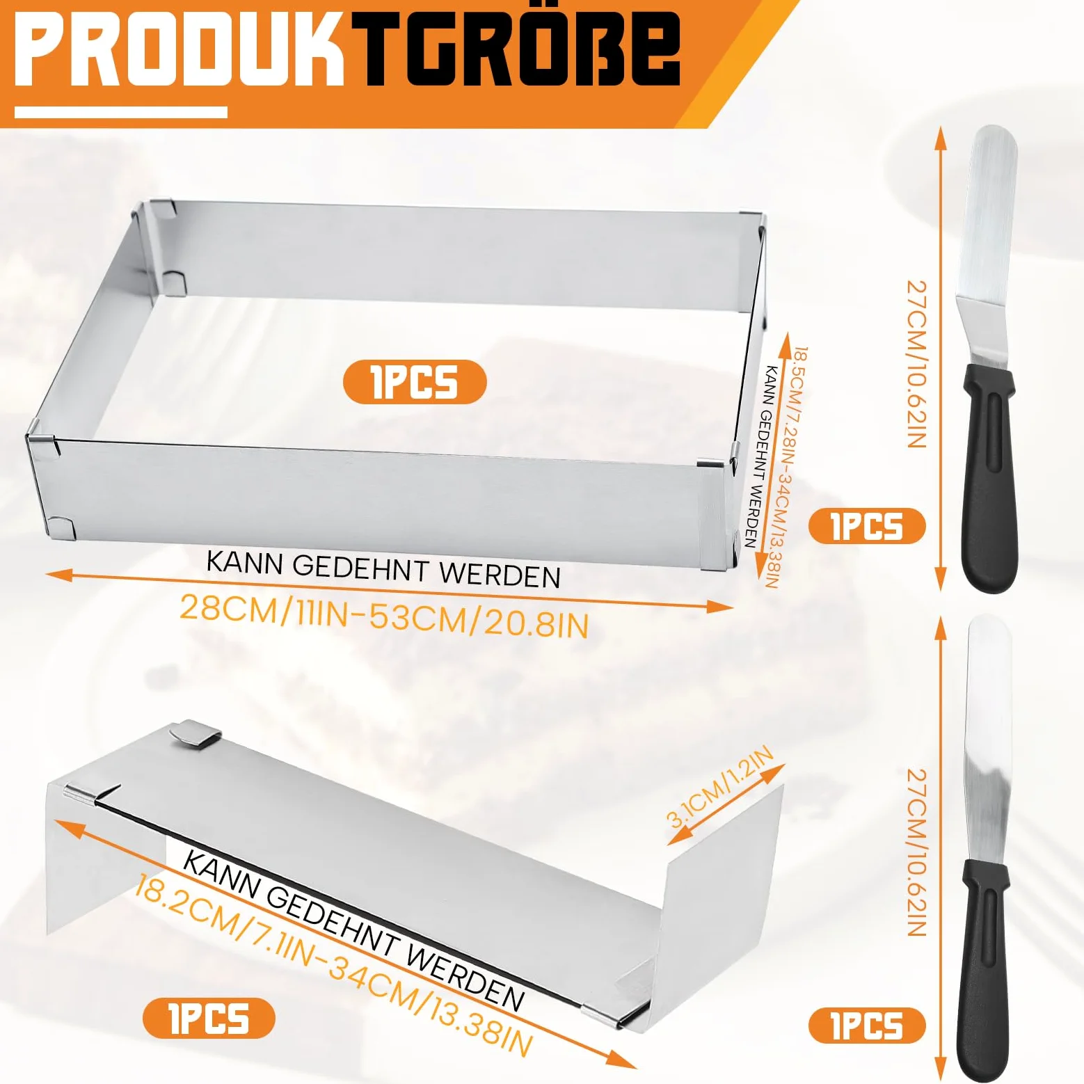Rama do pieczenia prostokątna regulowana, wysokość 5 cm, stal nierdzewna, prostokątny pierścień do ciasta z przegrodą i łopatką, rama do pieczenia do ciasta prostokątna do tiramisu, tortów