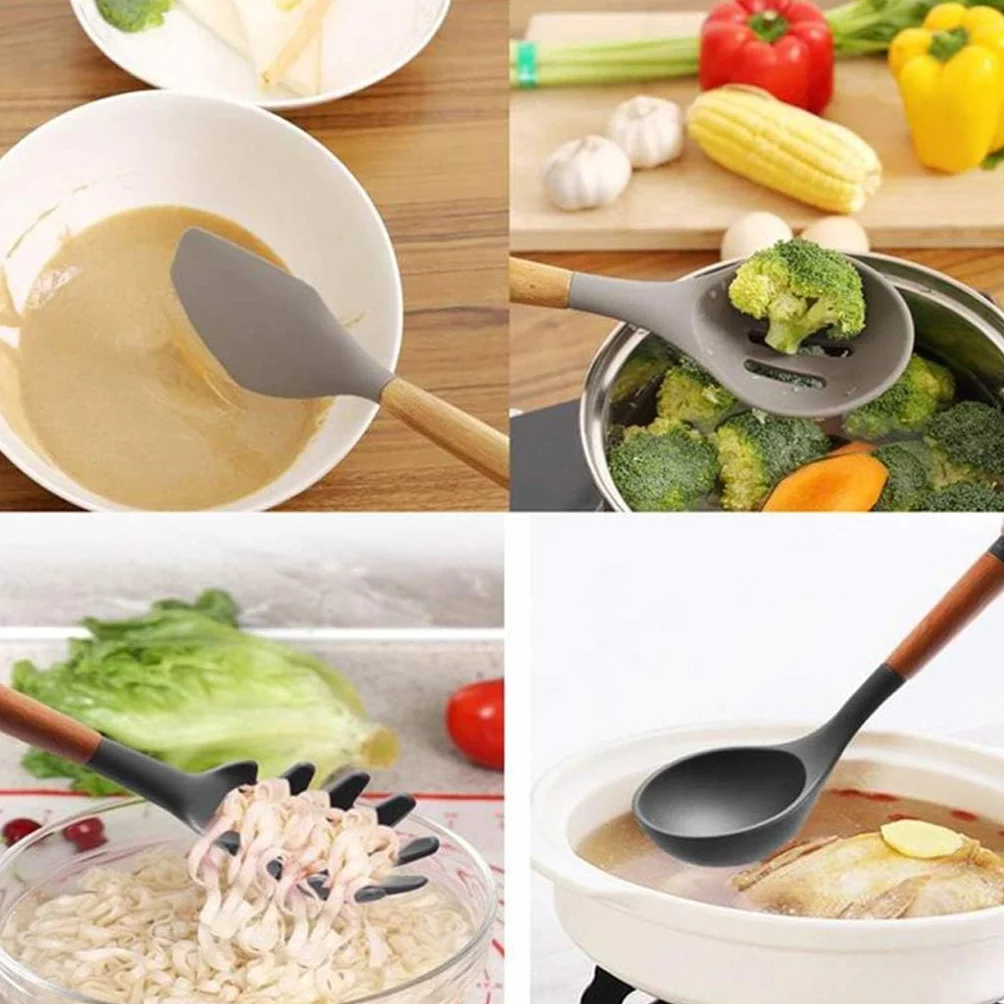 Silikonowe przybory kuchenne Zestaw przyborów kuchennych - 8 Naturalnych drewnianych silikonowych przyborów kuchennych - Zestaw przyborów silikonowych Zestaw szpatułek - Przybory silikonowe Przybory k