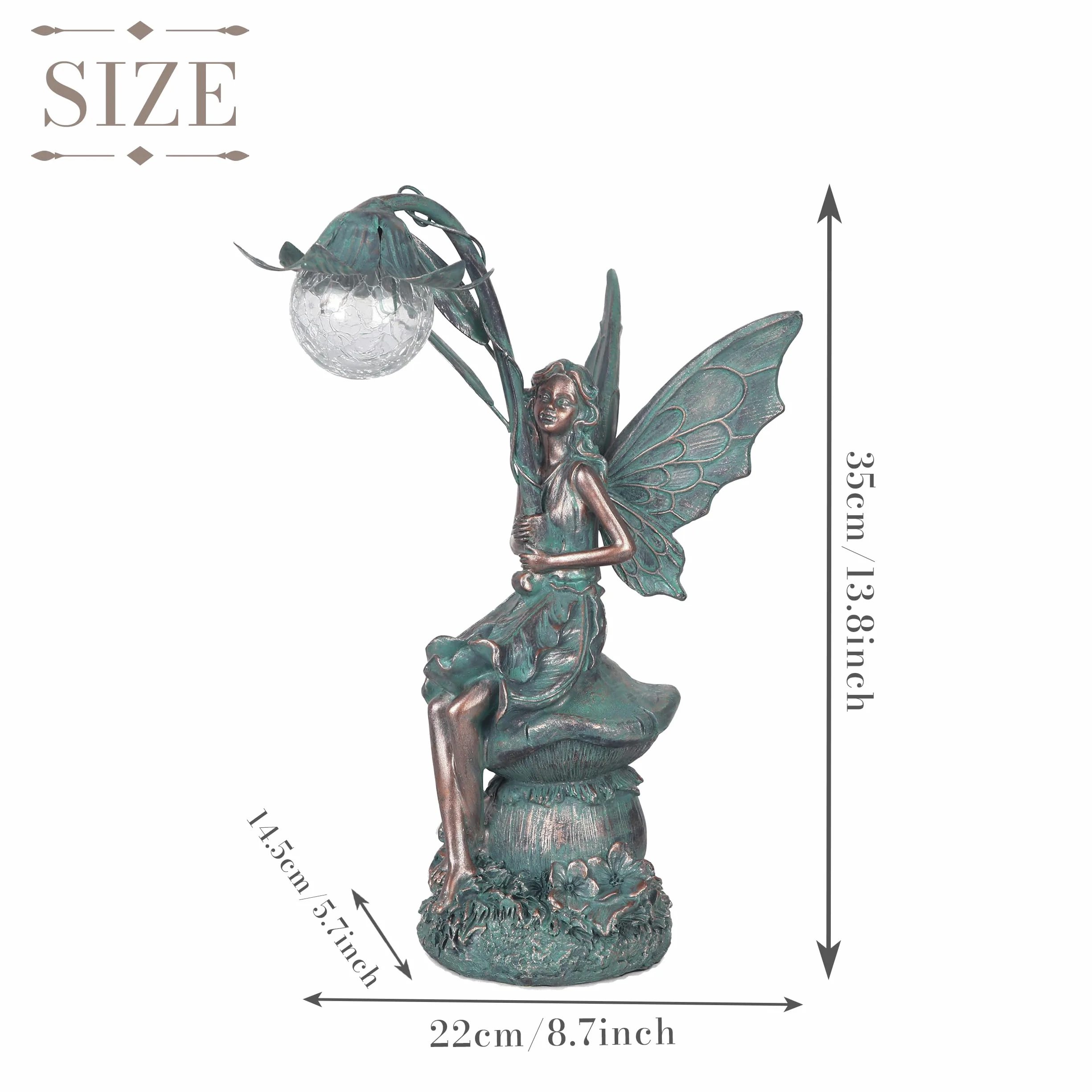 TERESA’S COLLECTIONS Figurki Ogrodowe Siedzące Elfy Kule ze Szkła Słonecznego 35cm Oświetlenie Polystone Brązowy Posąg anioła Figurki do Ogrodu Słonecznego Fairy Statue Dekoracje Ogrodowe