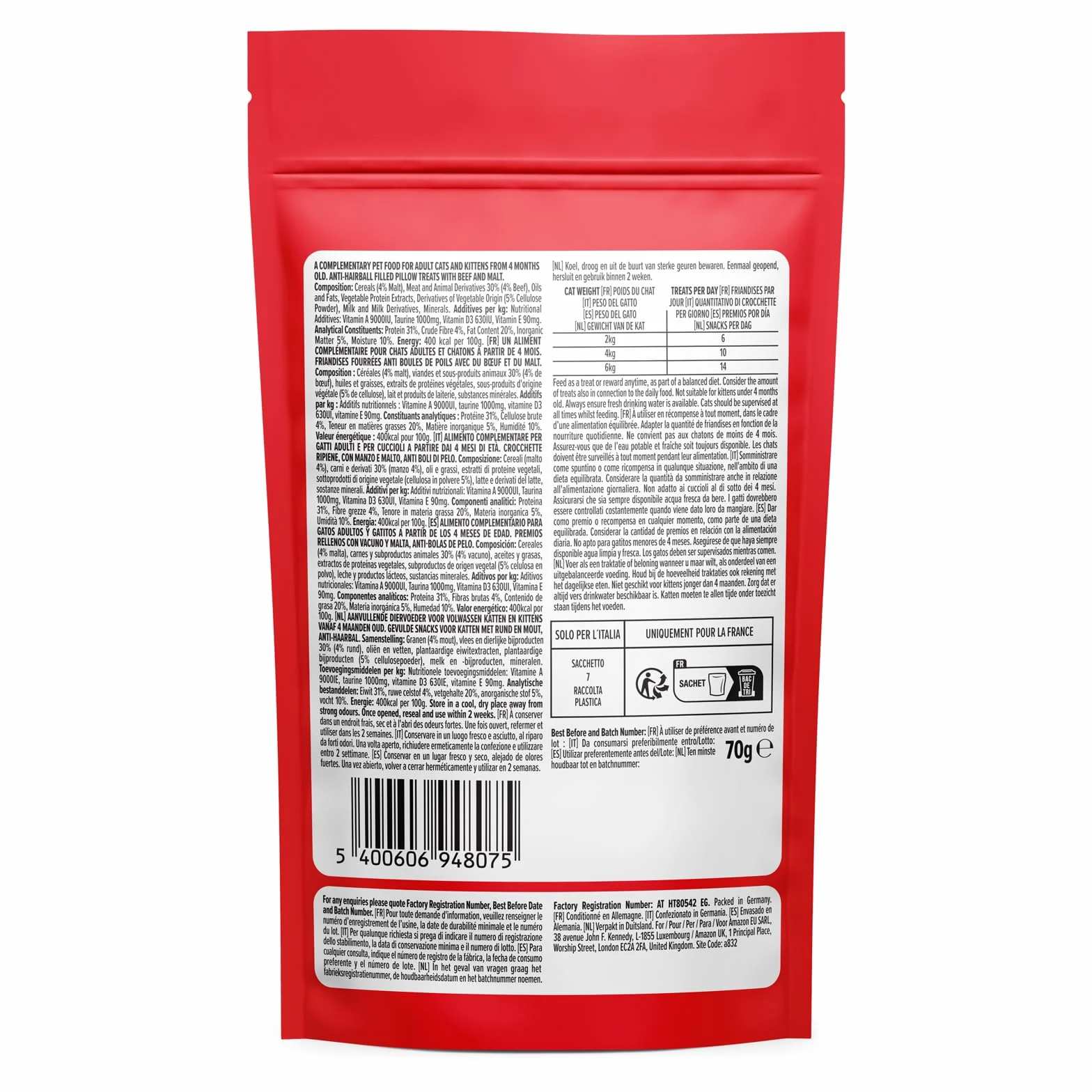 by Amazon - Cat Treats - Anti Hair Ball Pocket poduszka wołowa i słodowa, 70 g