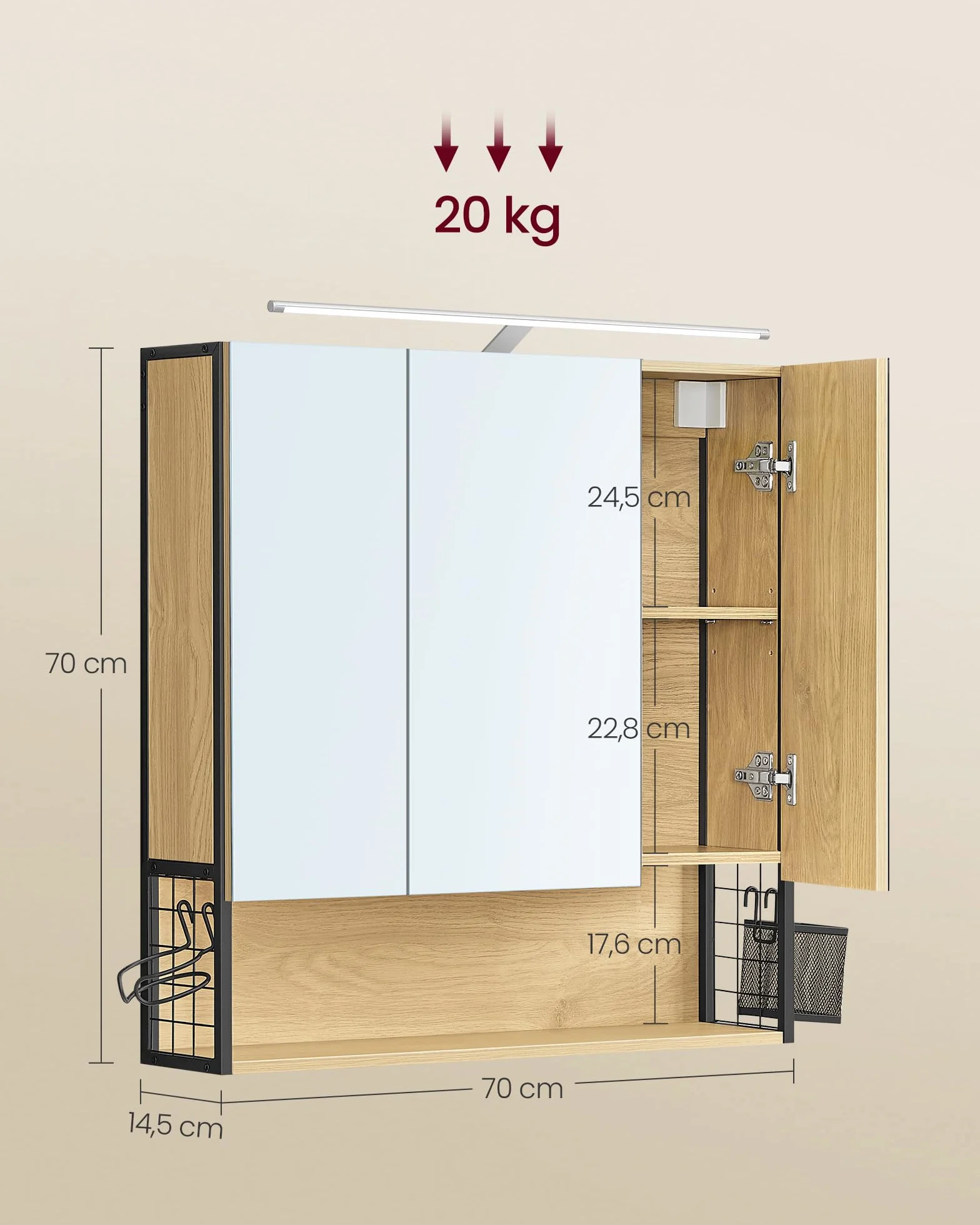 VASAGLE Szafka łazienkowa z oświetleniem LED, 14,5 x 70 x 70 cm, listwa zasilająca, kosz wiszący, uchwyt na suszarkę do włosów, szafka lustrzana, do łazienki, dąb naturalny BBK124Y01
