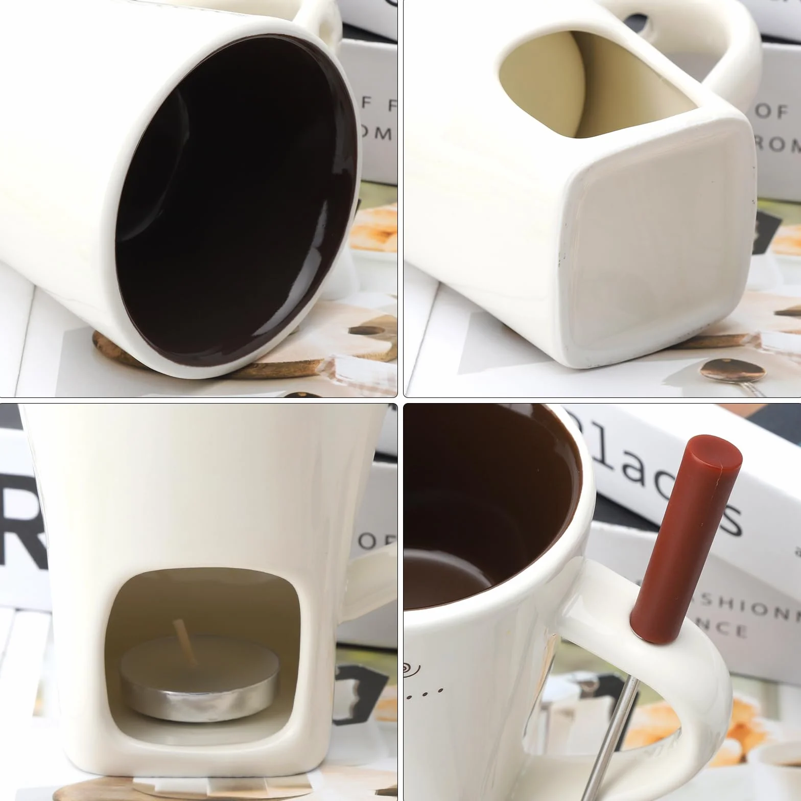 Filiżanka do fondue czekoladowego, ceramiczna, 130 ml, z uchwytem na podgrzewacze i widelcami, czekoladowe fondue, zestaw do fondue, czekolady, fondue, czekolady, fondue, zestaw do topienia czekolady