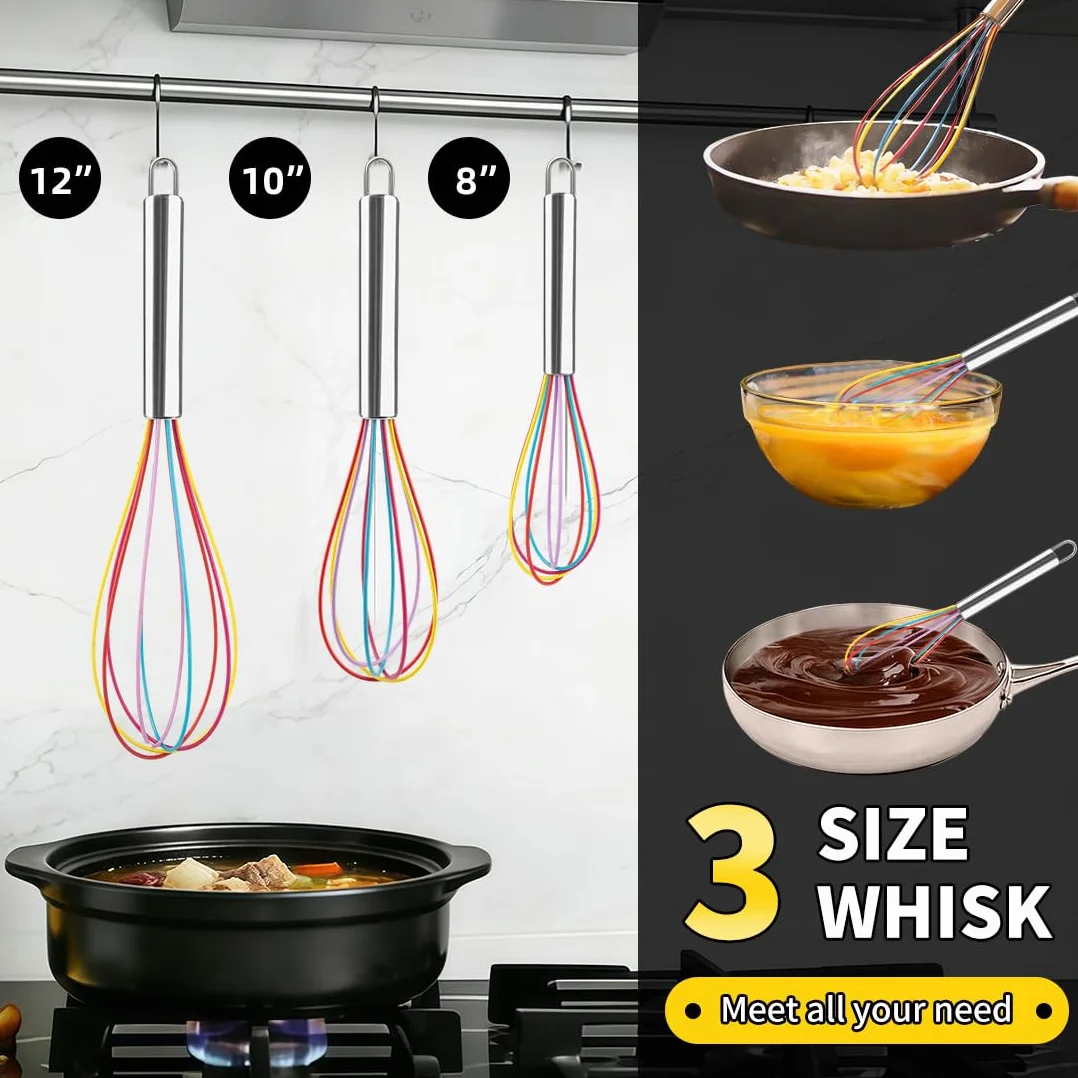3 sztuki trzepaczki silikonowej, ze stali nierdzewnej, do mieszania, spieniania i mieszania, tęcza