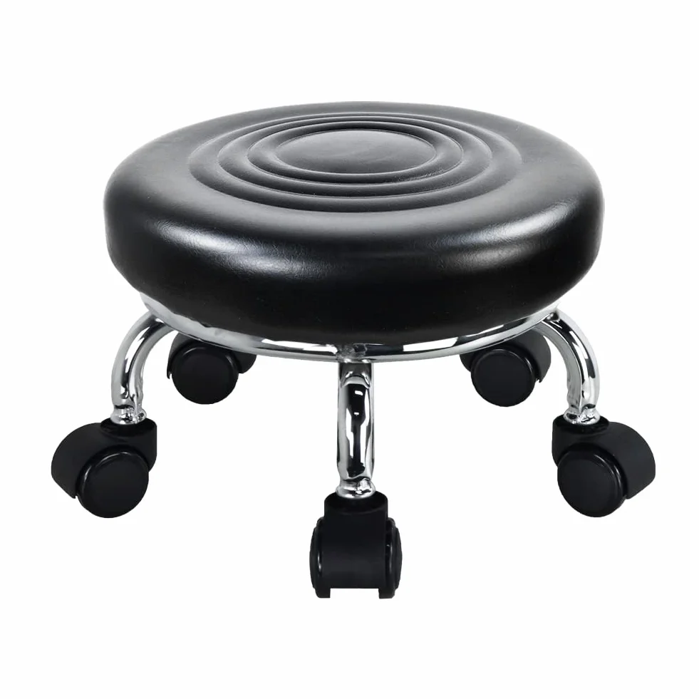WKWKER Nowoczesne siedzisko rolkowe PU Leather Low Round Rolling Stool Skrętny mały stołek z uniwersalnymi kółkami do garażu domowego Sklep Fitness Sport, H: 21.3cm (czarny)