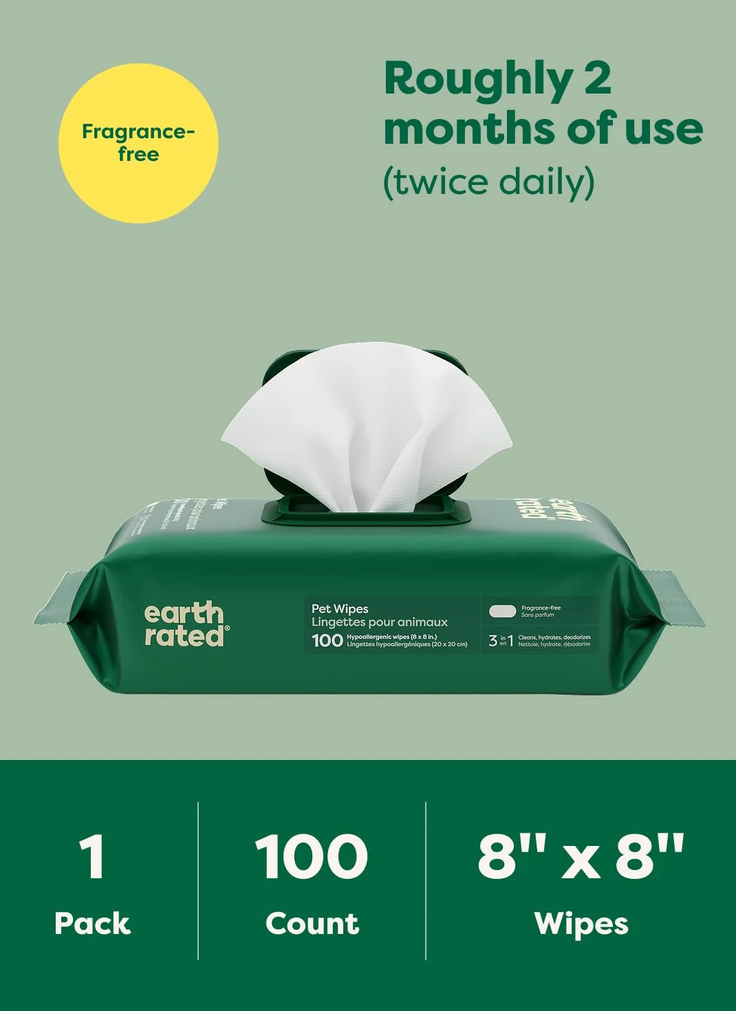 Earth Rated Chusteczki dla Zwierząt dla Psów, Hipoalergiczne, Czyszczące i Nawilżające, do Pielęgnacji Łap, Ciała i Pupy, Bezzapachowe, 100 Sztuk