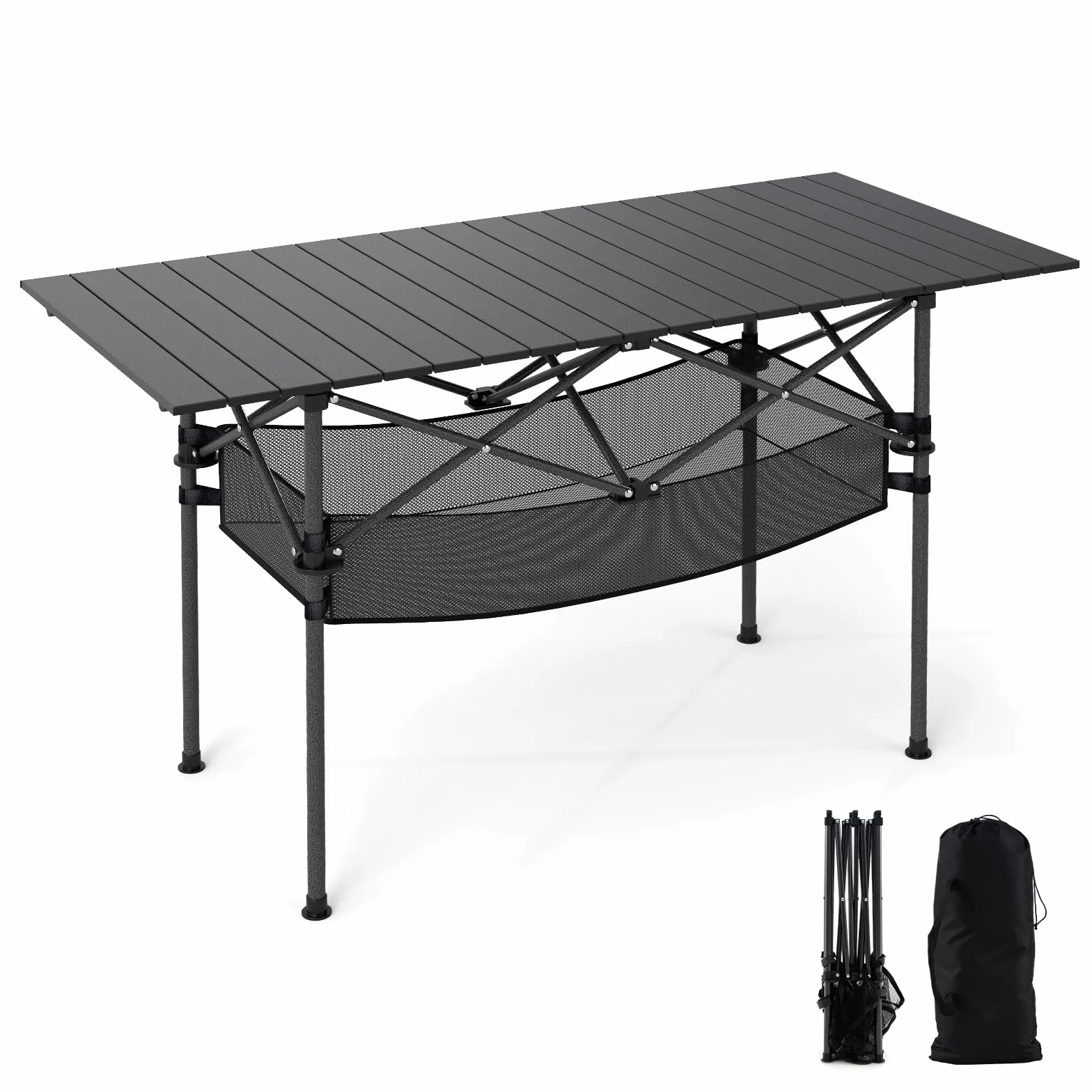 COSTWAY Składany stół kempingowy, 119 x 55 cm, z zwijanym blatem aluminiowym i koszem z siatki, składany stół obciążający do 100 kg, w zestawie torba do przenoszenia, na kemping, do ogrodu (czarny)