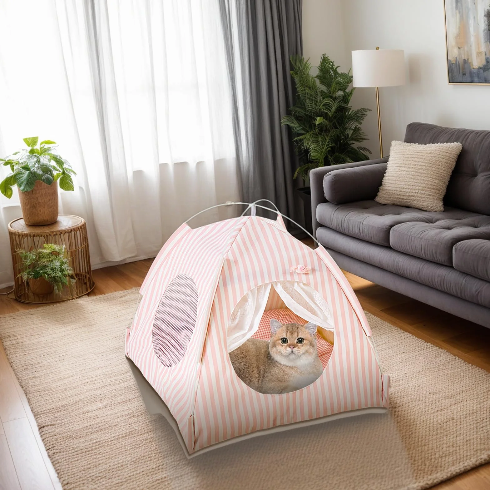 Wygodne legowisko dla kota - domek dla kota ¦ Legowisko dla szczeniaka z częściowo zamkniętą konstrukcją, jaskinia dla zwierząt z panelami wentylacyjnymi, artykuły dla zwierząt domowych