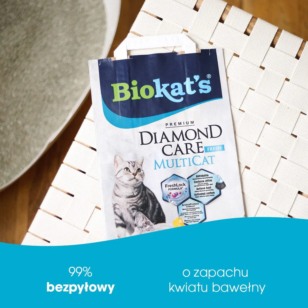 Biokatʼs Diamond Care MultiCat Fresh żwirek zapachowy - Drobnoziarnisty żwirek z węglem aktywnym do domów z kilkoma kotami - 1 worek (1 × 8 l)