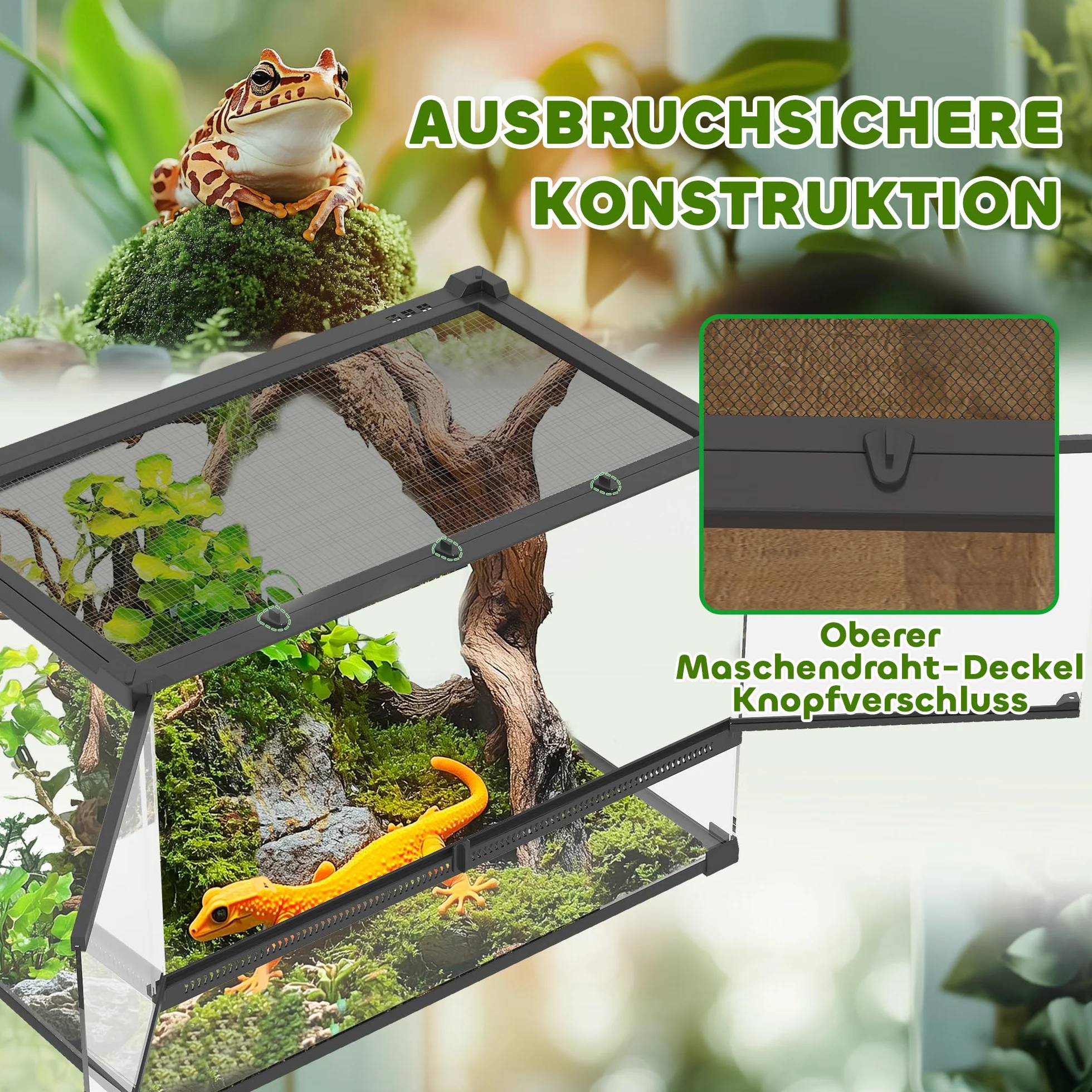 PawHut Terrarium dla gadów, szklane sterrarium 48 l, pudełko na karmienie gadów, z przednią wentylacją, odporne na wybicie zamknięcie obrotowe dla pająków, czarne, 50 x 30 x 35 cm
