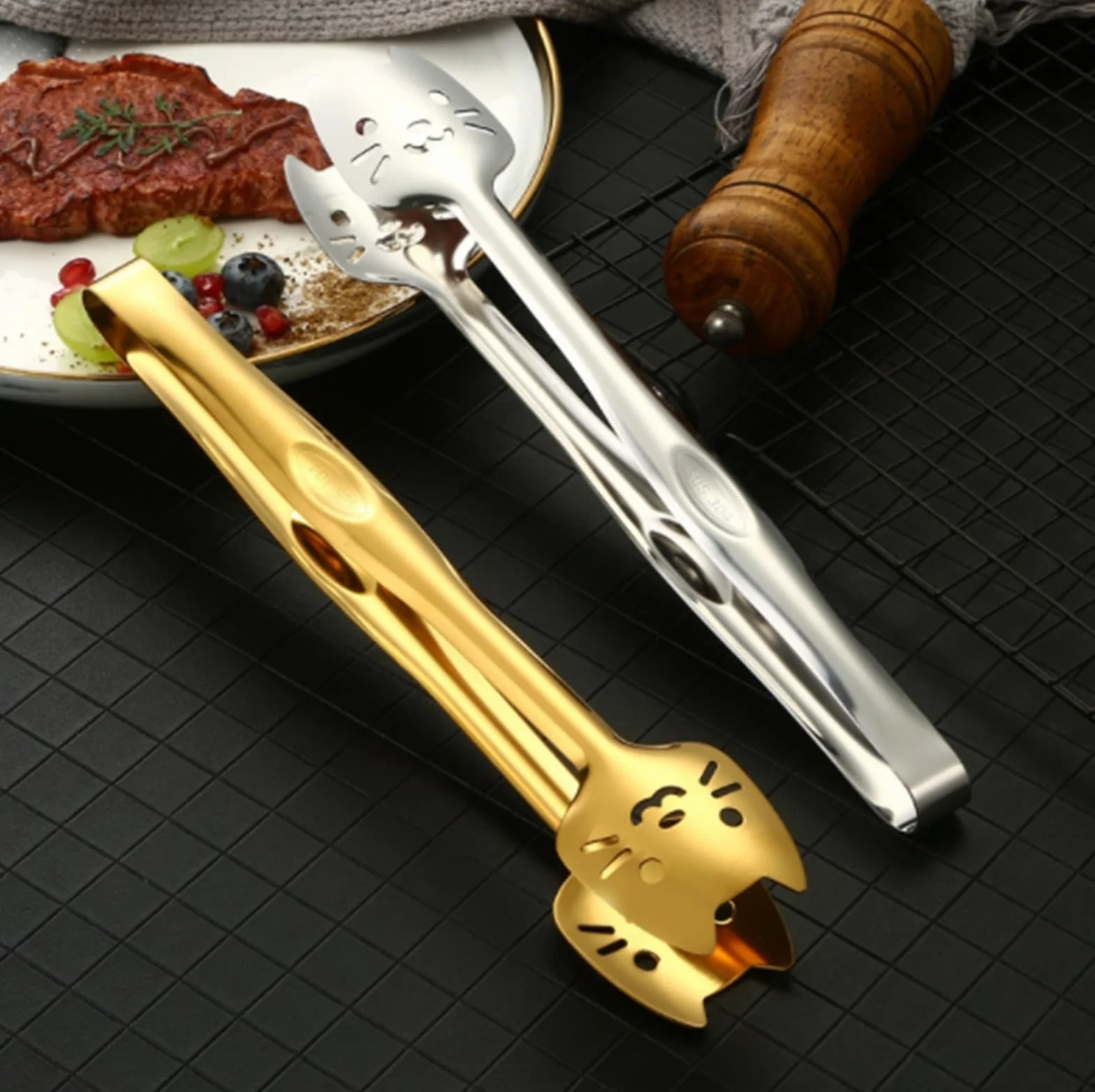 Szczypce Kuchenne Gotowania Szczypce Do Grilla Ze Stali Nierdzewnej Do Mocowania Żywności. Samoobsługowy, Antypoślizgowy Uchwyt Szczypce Do Grillowania(Gold)
