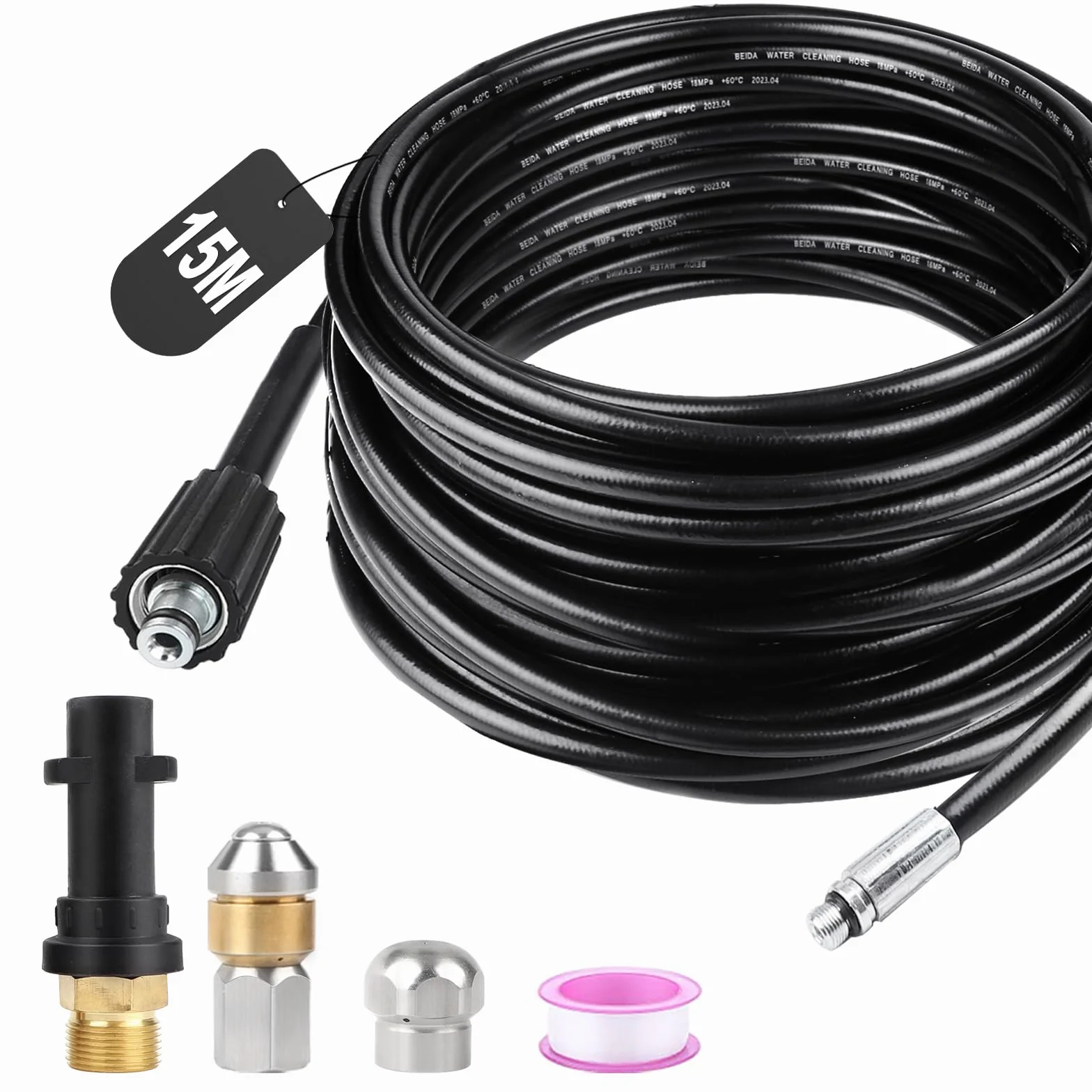 SWAWIS Wąż do czyszczenia rur, zestaw 15 m, 180 bar, 60 °C, środek do czyszczenia odpływów, wąż z 2 dyszami, 1 adapter Kärcher K2-7