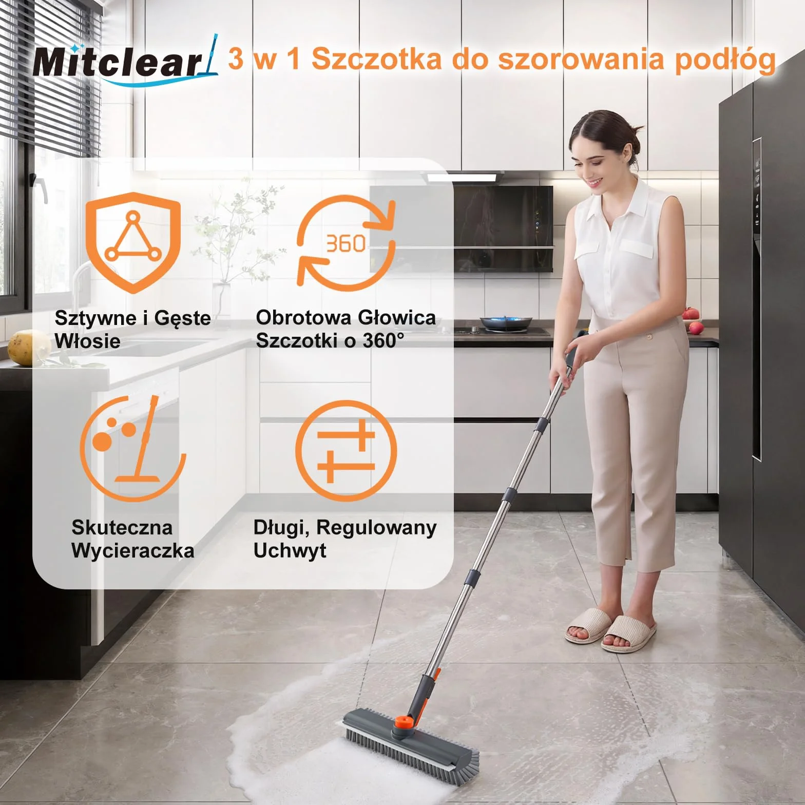 Mitclear Szczotka do Szorowania Podłóg z Długim Uchwytem(122cm), Szczotka do Szorowania 3 w 1 ze Sztywnym Włosiem i Ściągaczką do Szorowania Podłóg w Kuchni, Łazience, Tarasie, Patio, Garażu