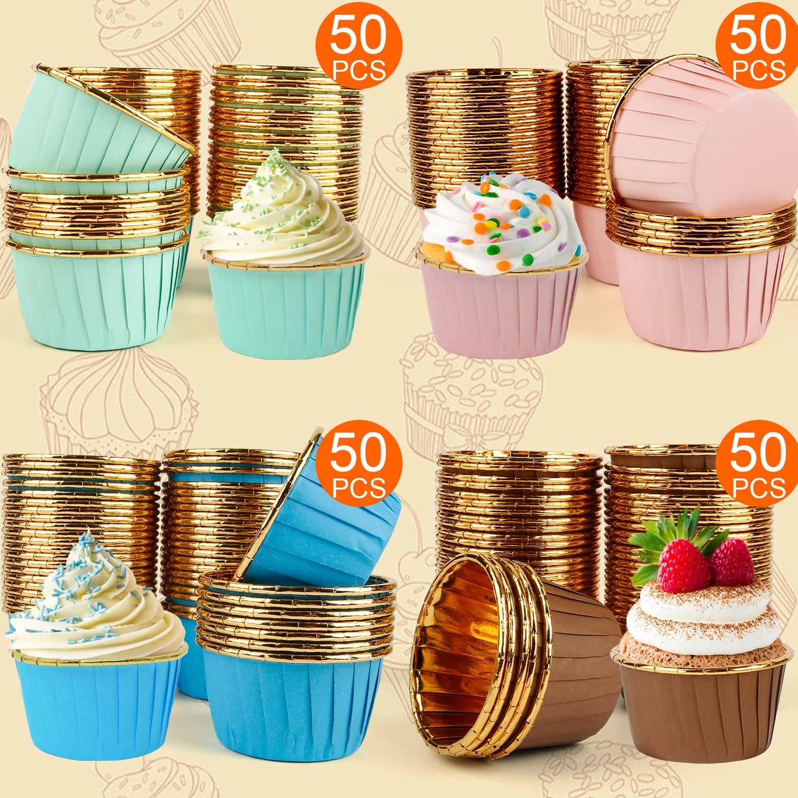 papierowe foremki do muffinek, 200 sztuk, papierowe foremki do babeczek, babeczek, papierowych kubków, wodoodpornych i olejoodpornych, z folii aluminiowej, na babeczki, desery, urodziny,