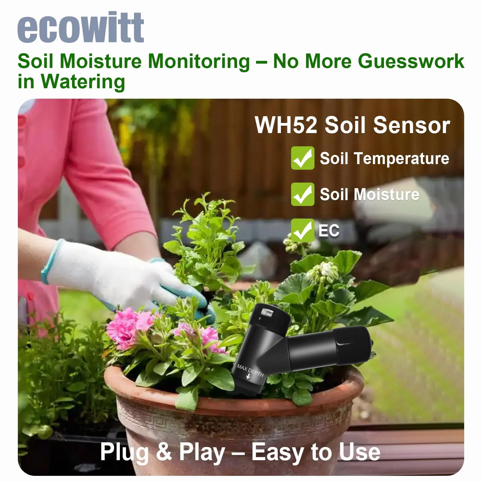 ECOWITT WH52 czujnik wilgotności gleby + 16-kanałowy czujnik EC, higrometr do roślin wewnątrz i na zewnątrz, monitor wody roślinnej, tester higrometru glebowego, nie może być używany samodzielnie