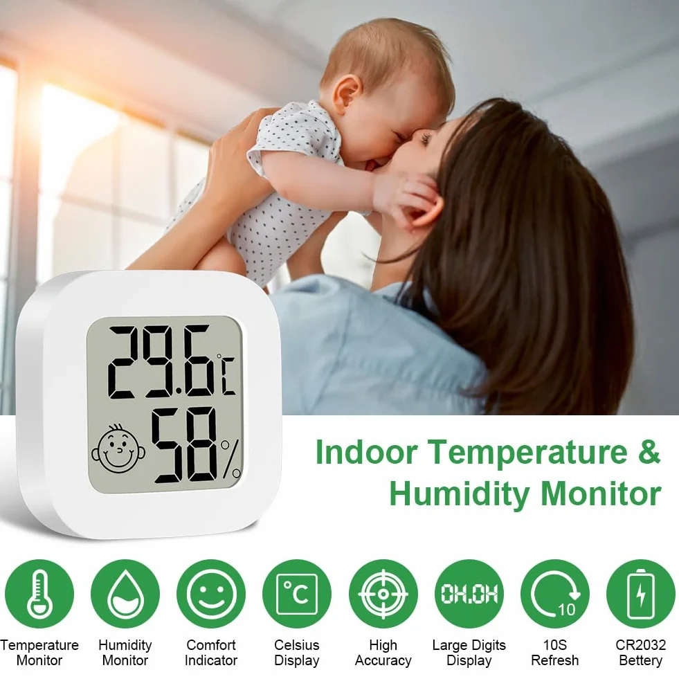 Ainiv Cyfrowy mini termometr/higrometr pokojowy do pomieszczeń, z wyświetlaczem LCD i ikonami twarzy, z monitorem wilgotności temperatury, do sypialni, pokoju dziecięcego, magazynu, samochodu