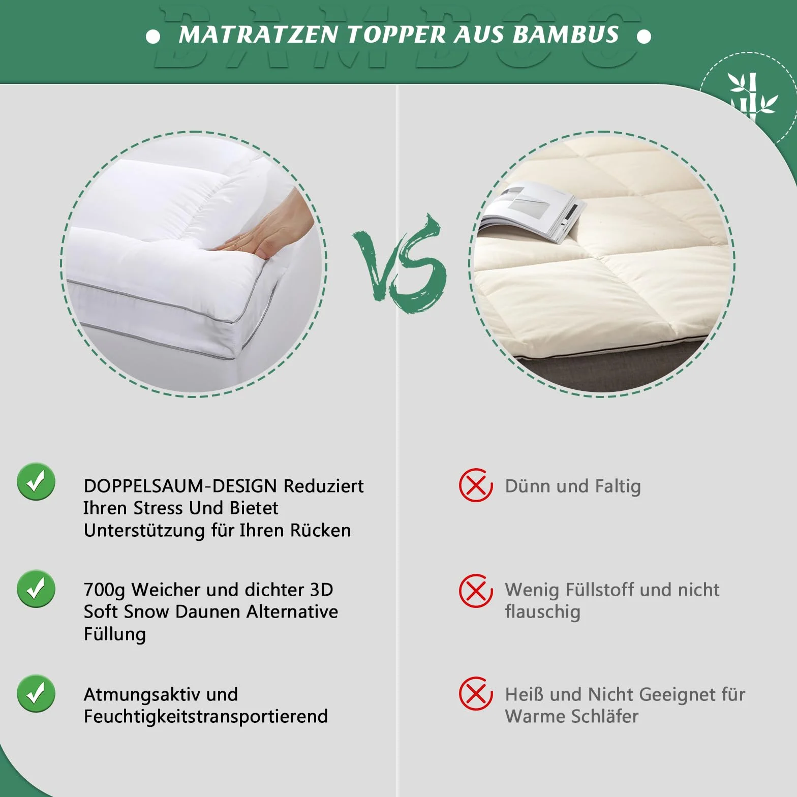 Materac nawierzchniowy 150 x 200 cm, wiskoza z bambusa, bardzo gruba, bardzo miękka nakładka na materac, głęboka kieszeń, rozciąga się do 30 cm, oddychająca i Öko-Tex