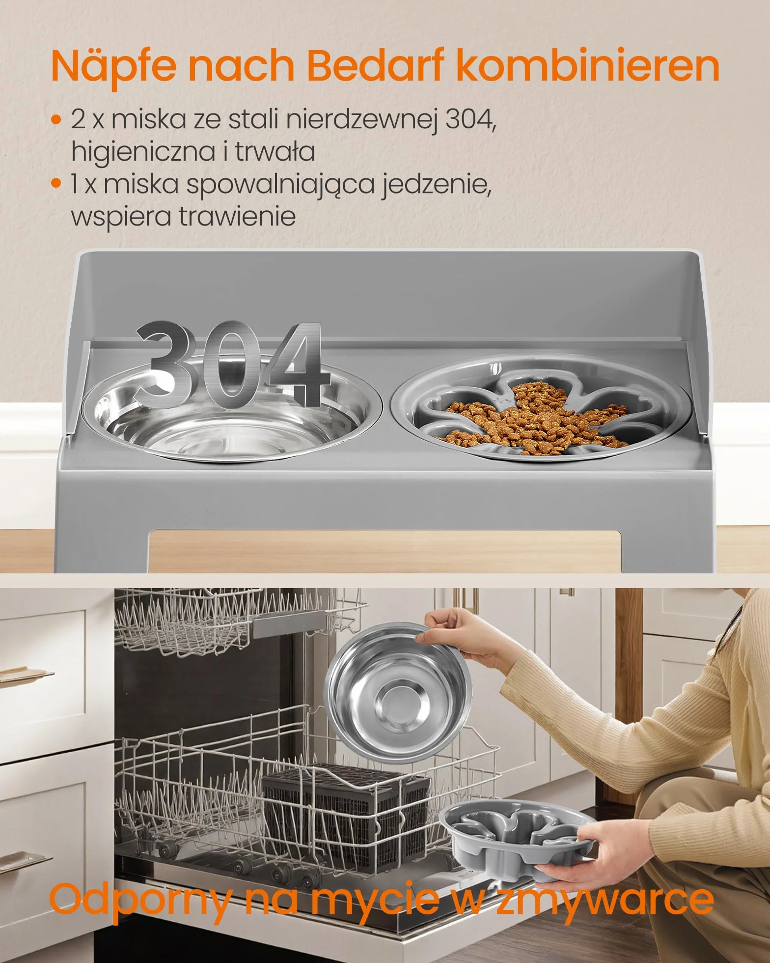Feandrea Podwyższona miska dla psa ze stojakiem, regulowana wysokość, pochylana stacja karmienia, 2 miski ze stali nierdzewnej 304, 1 miska do powolnego karmienia, gołębiowo-szary PRB103GD01