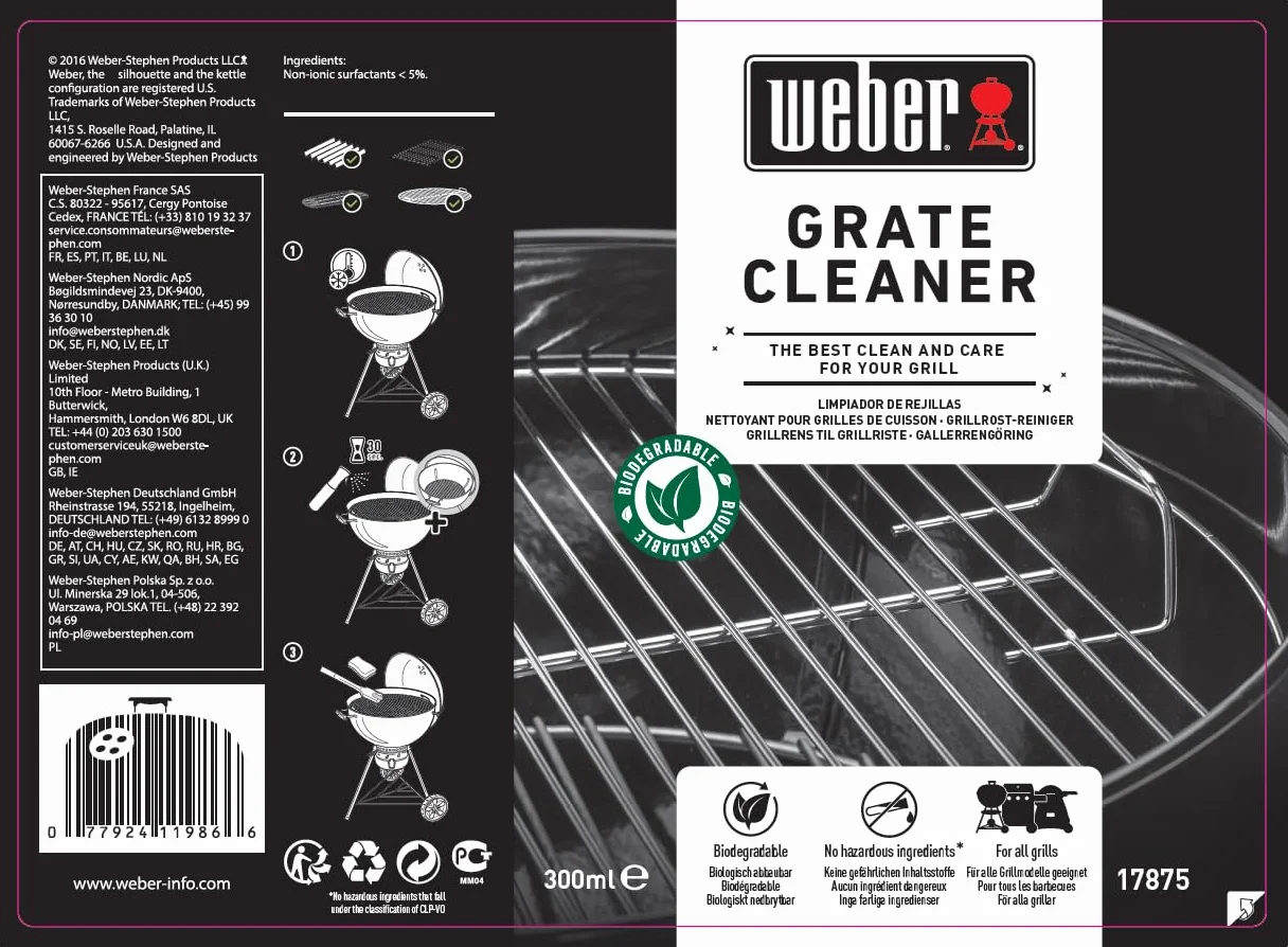 Weber Płyn do czyszczenia rusztu 300ml, delikatny spray w mgiełce, rozpuszcza tłuszcz i resztki jedzenia, biodegradowalny, Brak niebezpiecznych substancji, do wszystkich modeli grilli (17875)