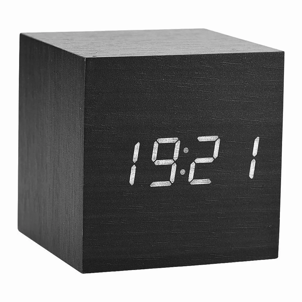 Cyfrowy Budzik LED, Drewniany Zegar w Kształcie Kostki, z Alarmami, Trybem Sterowania Głosowego, do Stolika Nocnego, Sypialni, Biura