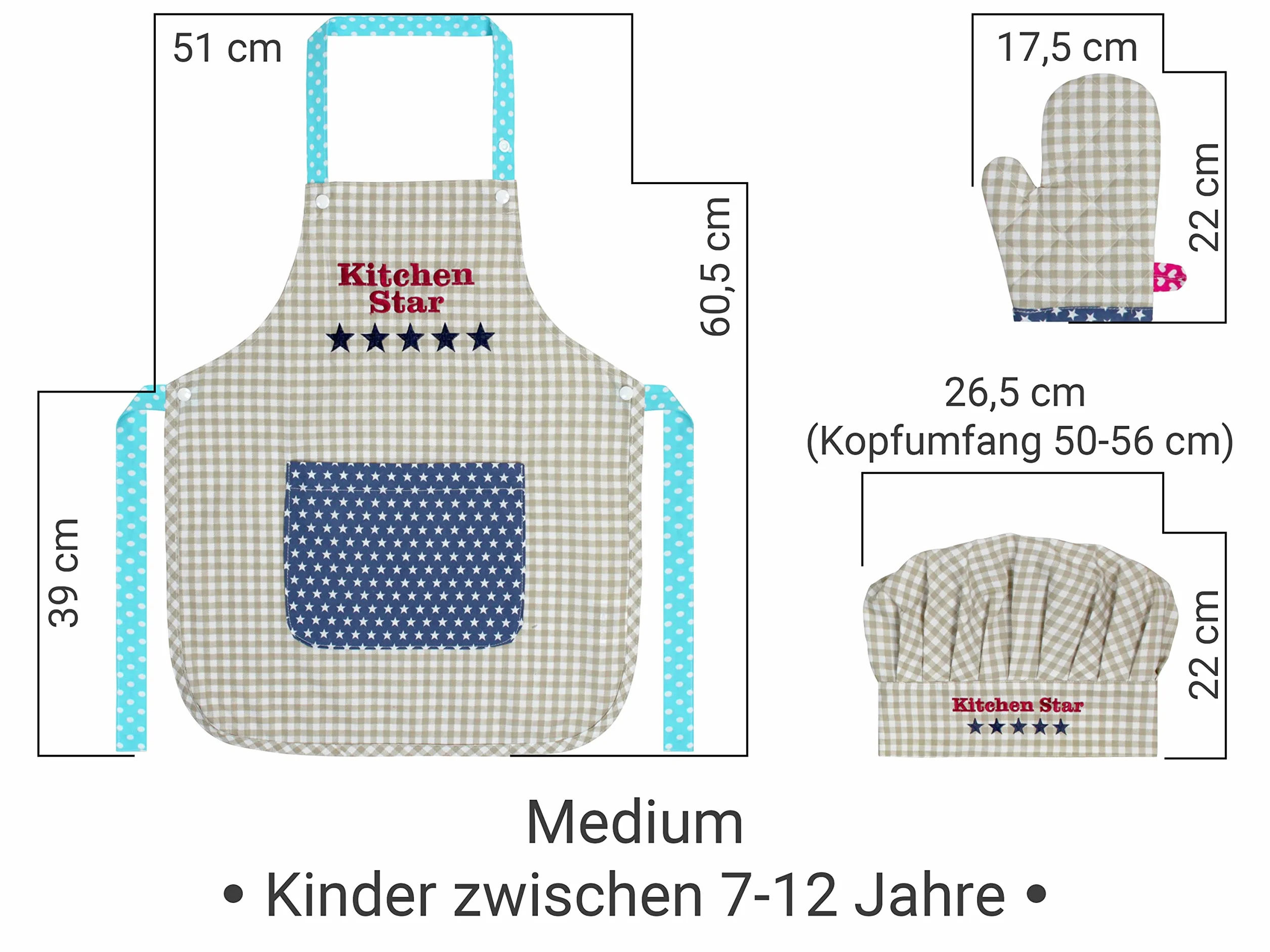 Kochmütze + Küchenschürze + Topfhandschuh für Kinder - 3teiliges Set 1428.2002,