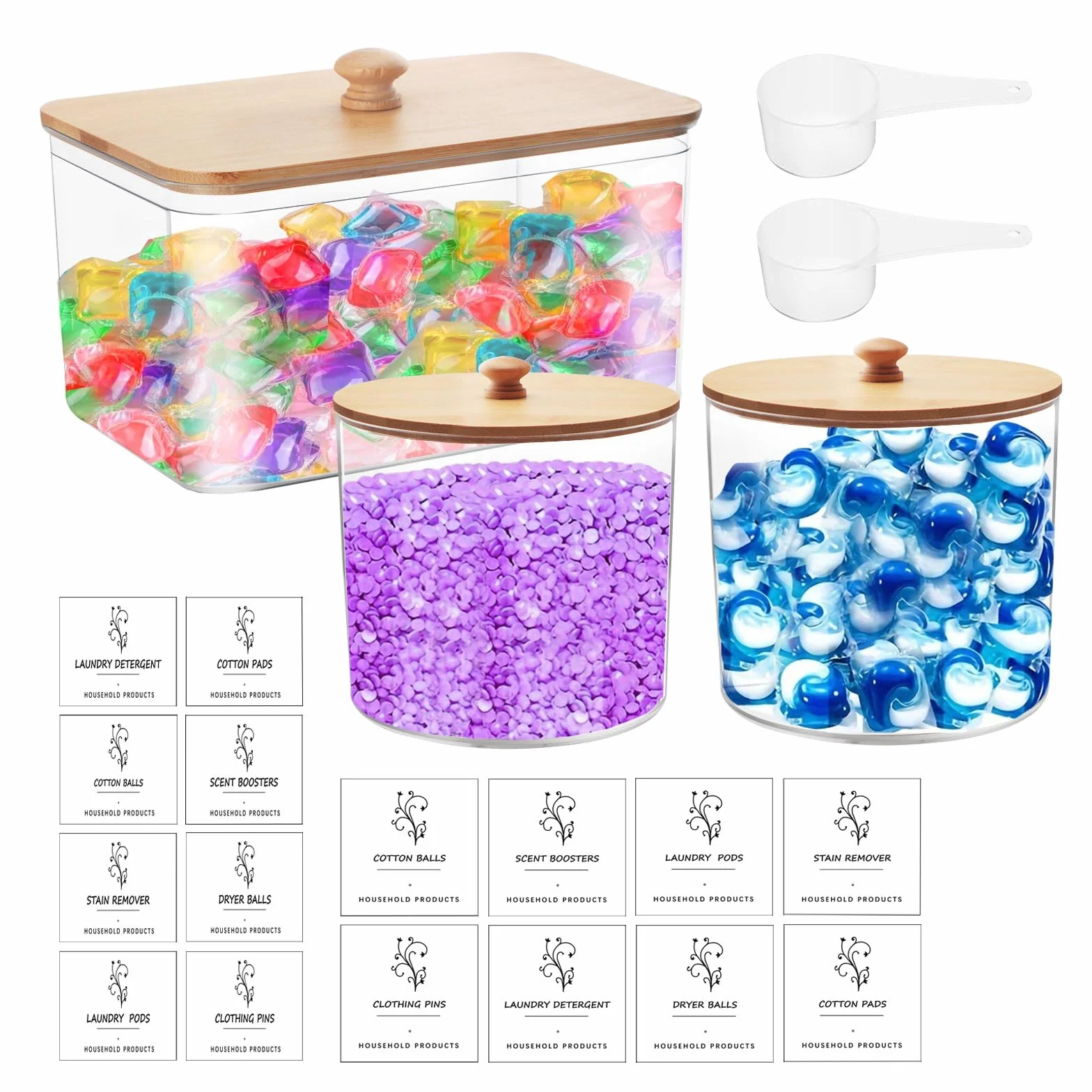 3 szt. Przechowywanie detergentów do prania, pojemniki do przechowywania proszku do prania z bambusową pokrywką, plastikowe pojemniki o dużej pojemności z 16 naklejkami i 2 łyżkami
