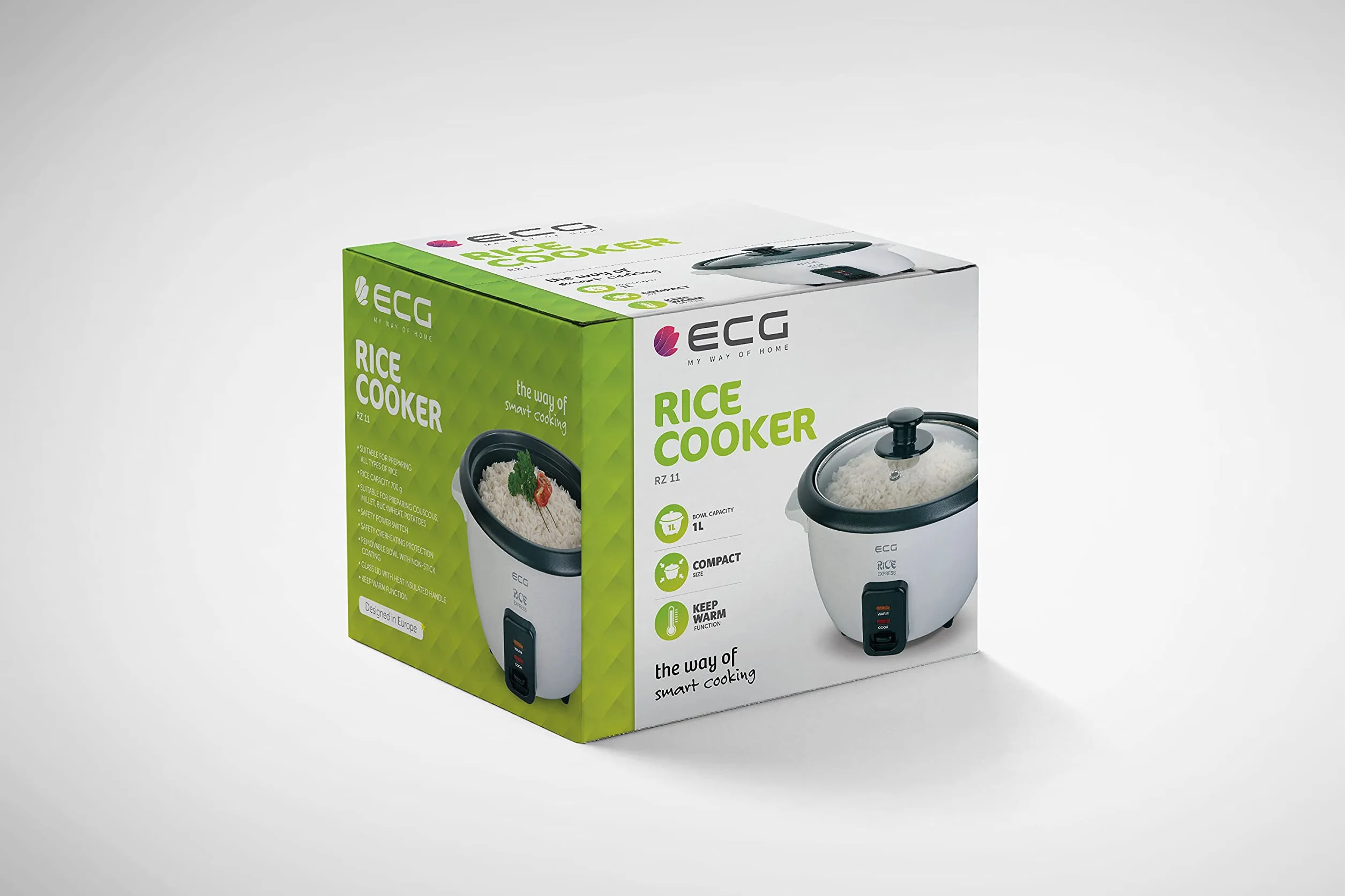 ECG RZ11 szybkowar do ryżu, 1 l, do wszystkich rodzajów ryżu, 400 W, funkcja utrzymania ciepła, biały