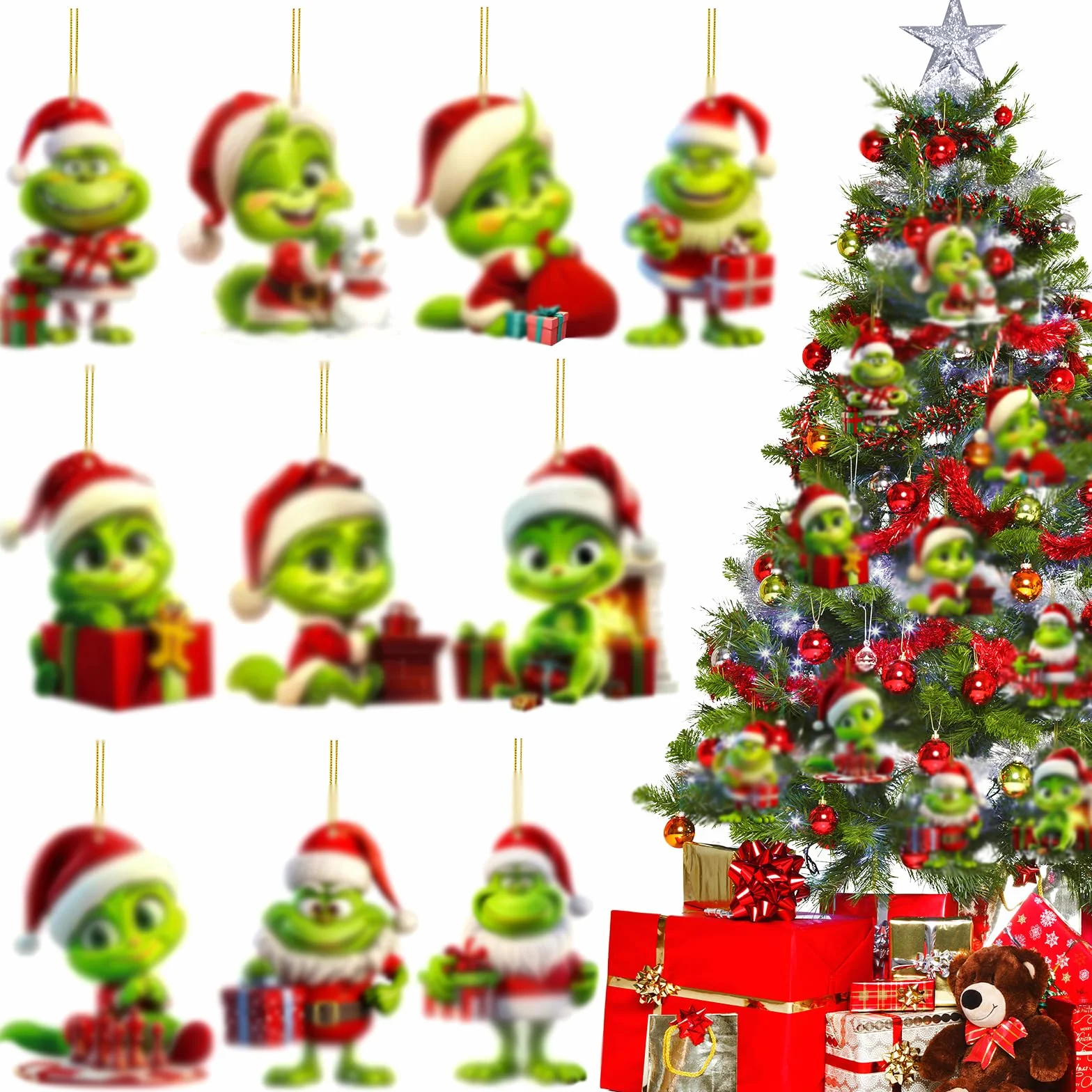 Grinch Dekoracja bożonarodzeniowa, 10 sztuk akrylowych zawieszek bożonarodzeniowych, Grinch zestaw ozdób choinkowych, wesoła ozdoba bożonarodzeniowa na choinkę, urlop, imprezę
