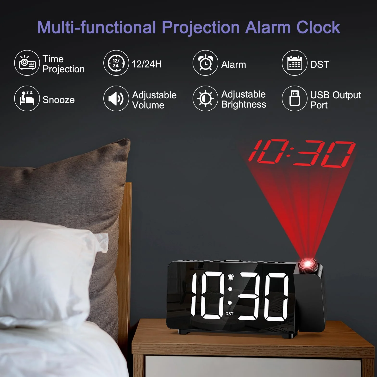 Budzik z projekcją, 7,4" LED, cyfrowy projektor 180°, 3-stopniowa regulacja jasności i ogniskowej, 5 poziomów jasności i 3 głośności, budzik projekcyjny 12/24 h, DST, drzemka