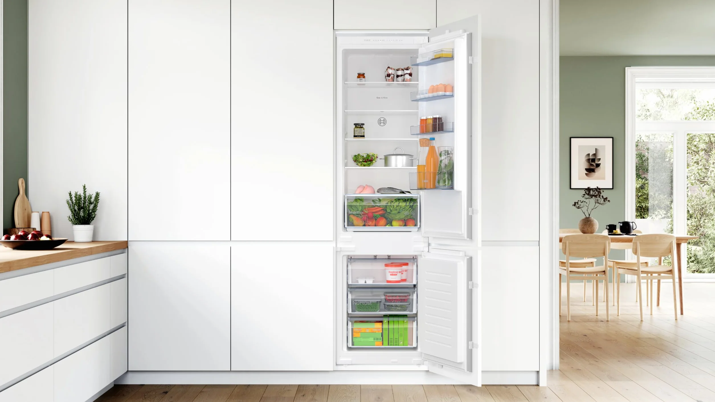 Bosch KIN96NSE0 seria 2 lodówko-zamrażarka do zabudowy, wnęka 194 x 56 cm, chłodzenie 215 l + zamrażanie 75 l, 11% większa pojemność chłodzenia, nigdy więcej rozmrażania, równomierne oświetlenie