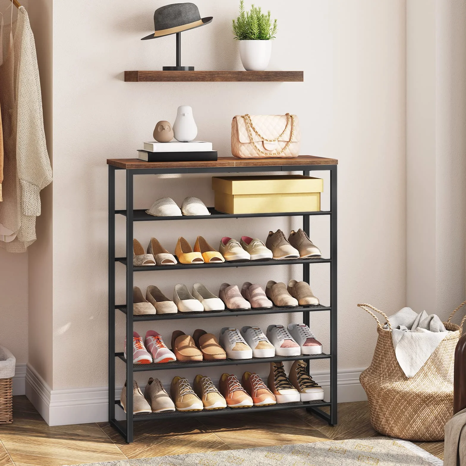 HOOBRO Stojak na buty, 6-poziomowy organizer na buty, na 18-24 pary butów, półka do przechowywania butów o dużej pojemności, trwały i stabilny, do przedpokoju, przedpokoju, pokoju w akademiku, industrialny, rustykalny brązowy BF67XJ01G1