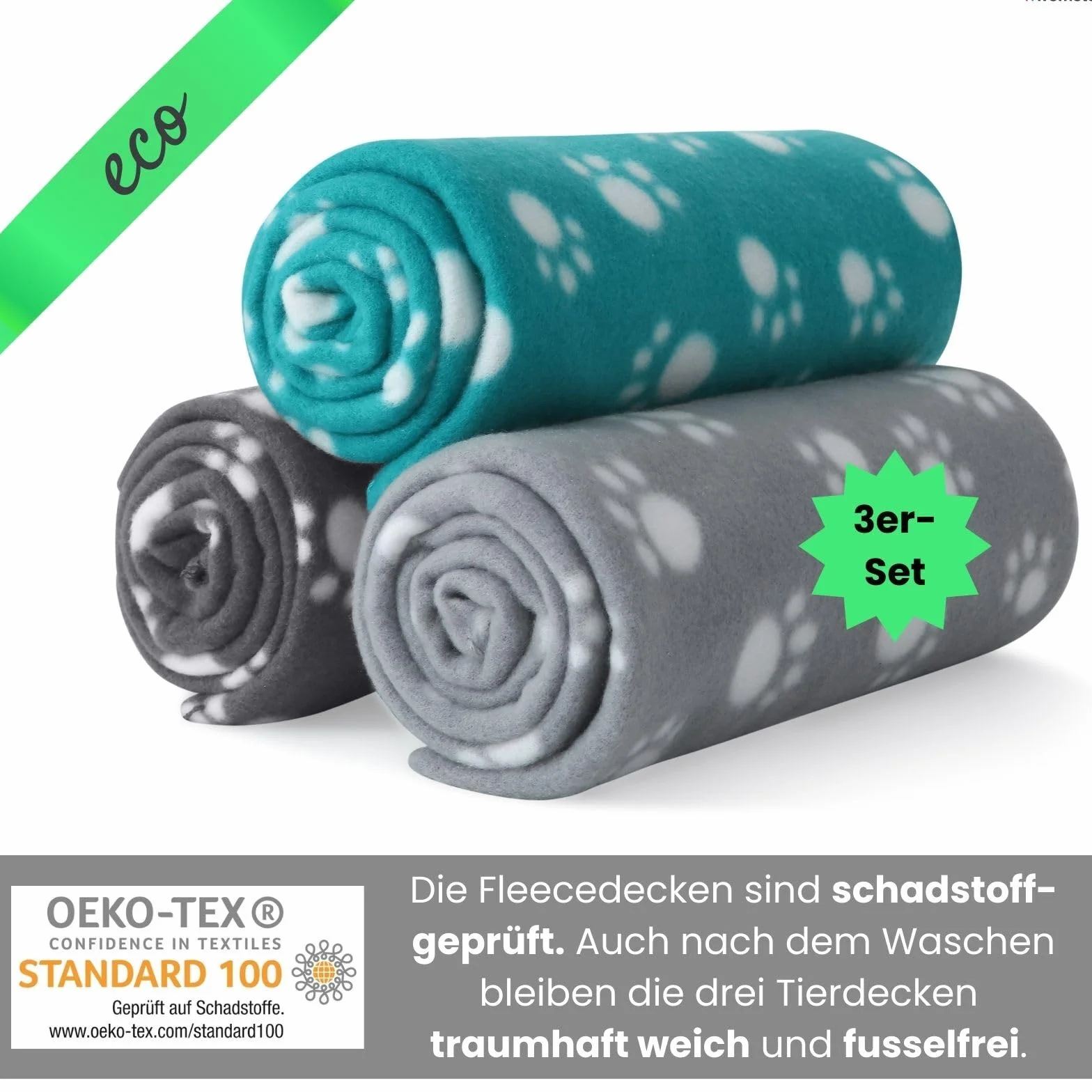 wometo eco 3-częściowy zestaw kocyków dla zwierząt, koc dla psa, wykonany w 100% z materiału pochodzącego z recyklingu + sprawdzony pod kątem Öko-Tex, 3 sztuki, 70 x 100 cm, szary, ciemnoszary i
