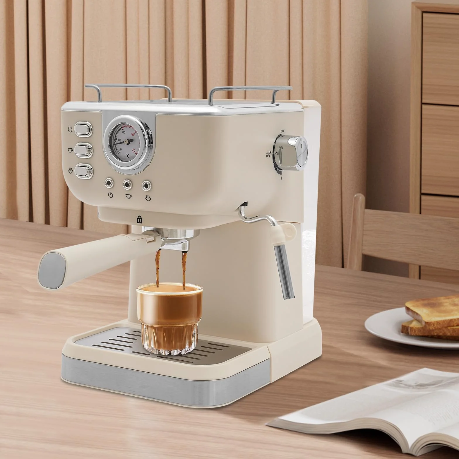 Ekspres do kawy ciśnieniowy, 1050W ekspresy do espresso, 20Bar ekspres do kawy, pojemność zbiornika na wodę 1,5L, zakres temperatur 92℃ ekspres do kawy Barista