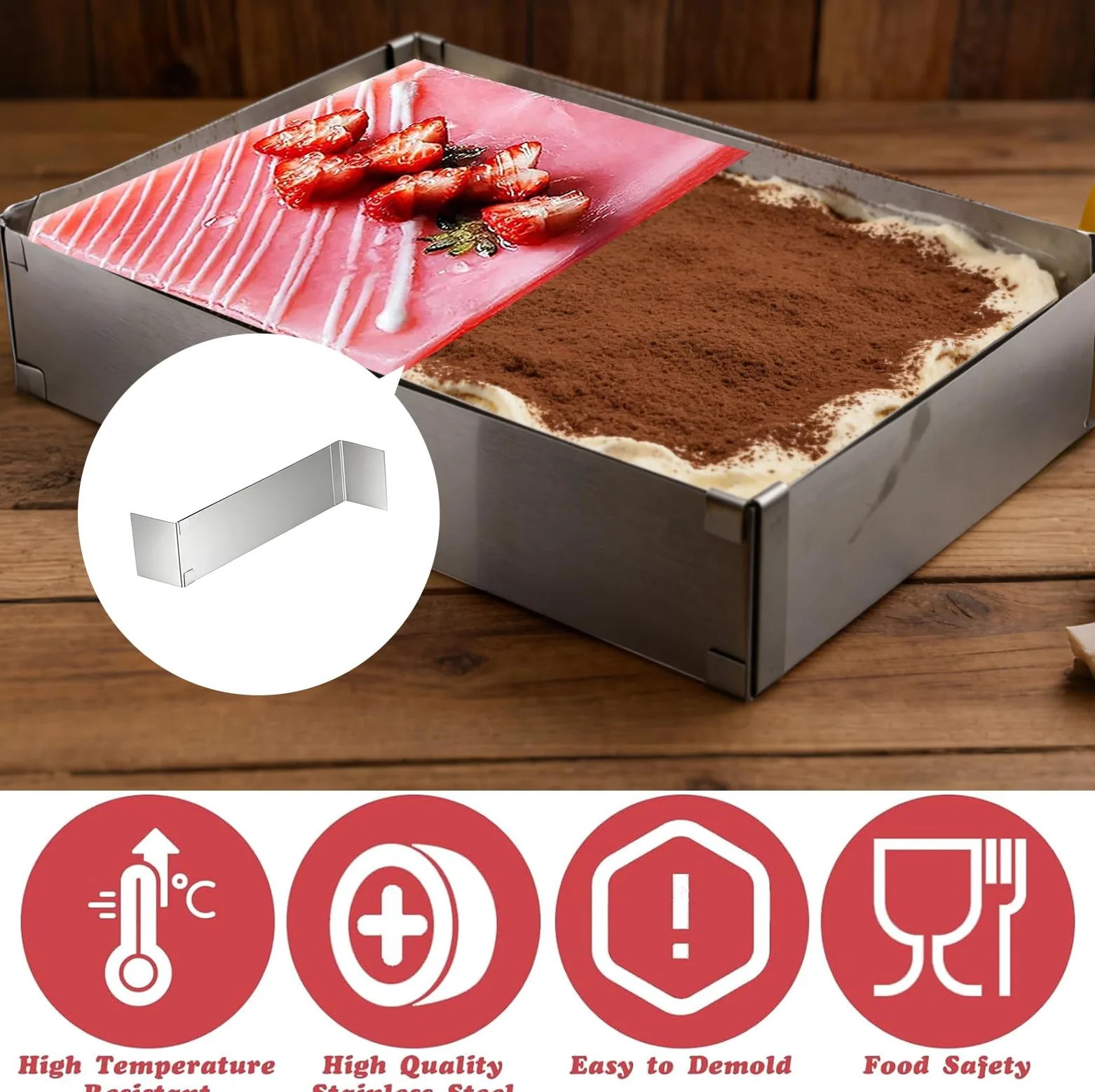 Regulowany prostokątny zestaw pierścionków do ciasta – rama do pieczenia ze stali nierdzewnej z podziałką, szpatułką, workiem do piping bag i dyszkami, sejf do mycia w zmywarce
