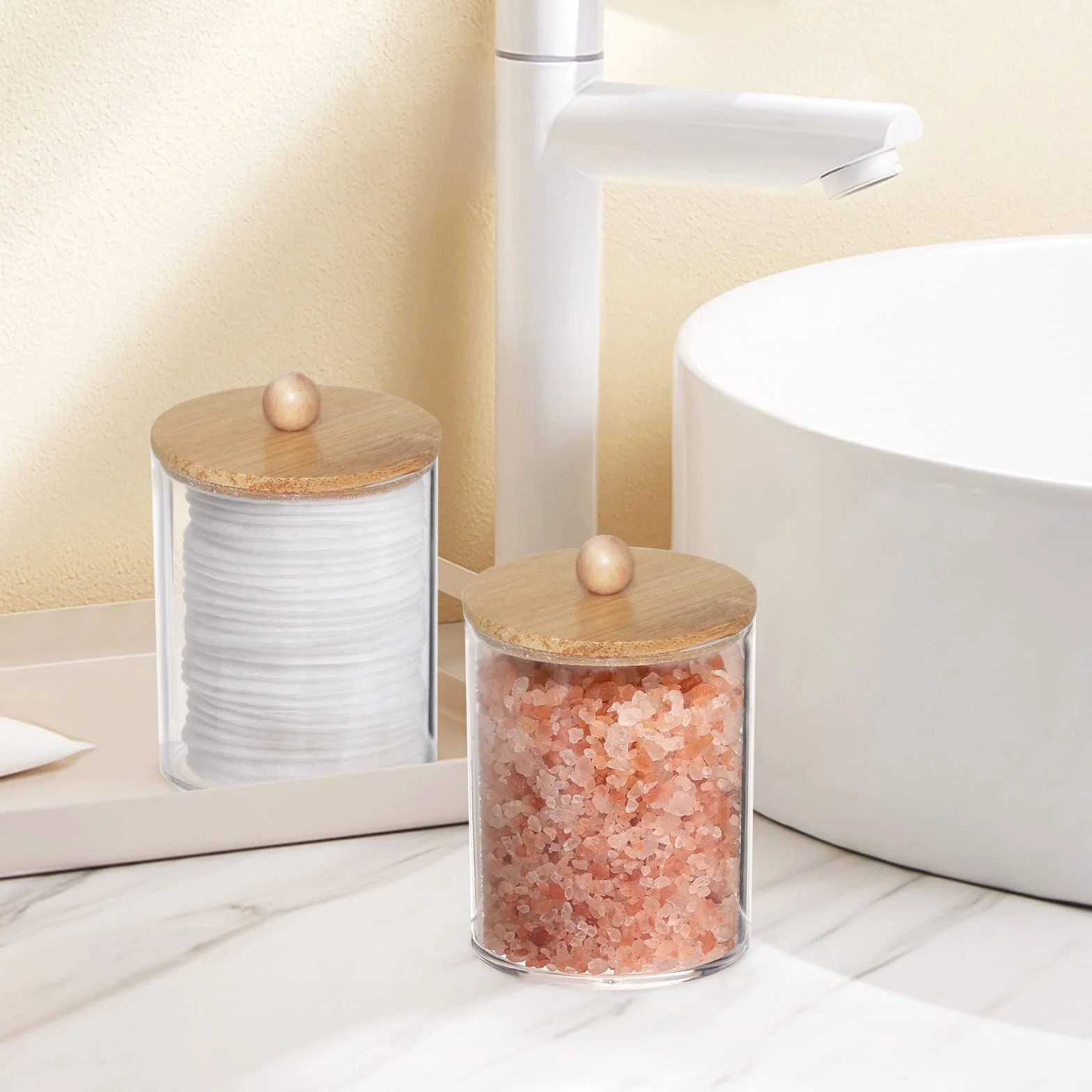 Tbestmax 4-pak uchwytów Qtip, 295 ml, organizer łazienkowy, pojemniki do przechowywania, przezroczyste plastikowe słoiki aptekarza z bambusowymi pokrywkami, do wacika, nici