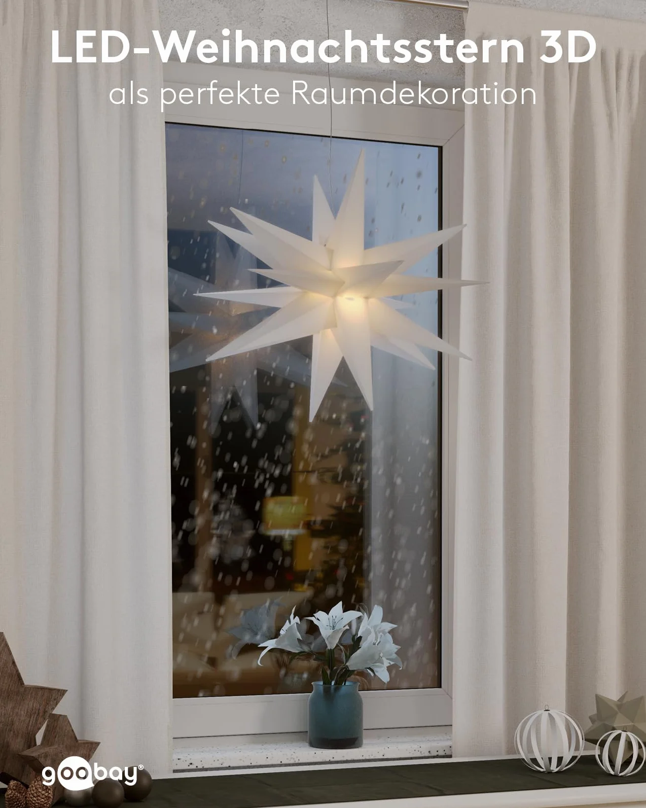goobay 64789 Gwiazda bożonarodzeniowa LED 3D Ø 56 cm/gwiazda z 18 zębami i timerem/dekoracja bożonarodzeniowa/gwiazda LED zapewnia nastrojową atmosferę/transformator zewnętrzny 4,5 V/dekoracja