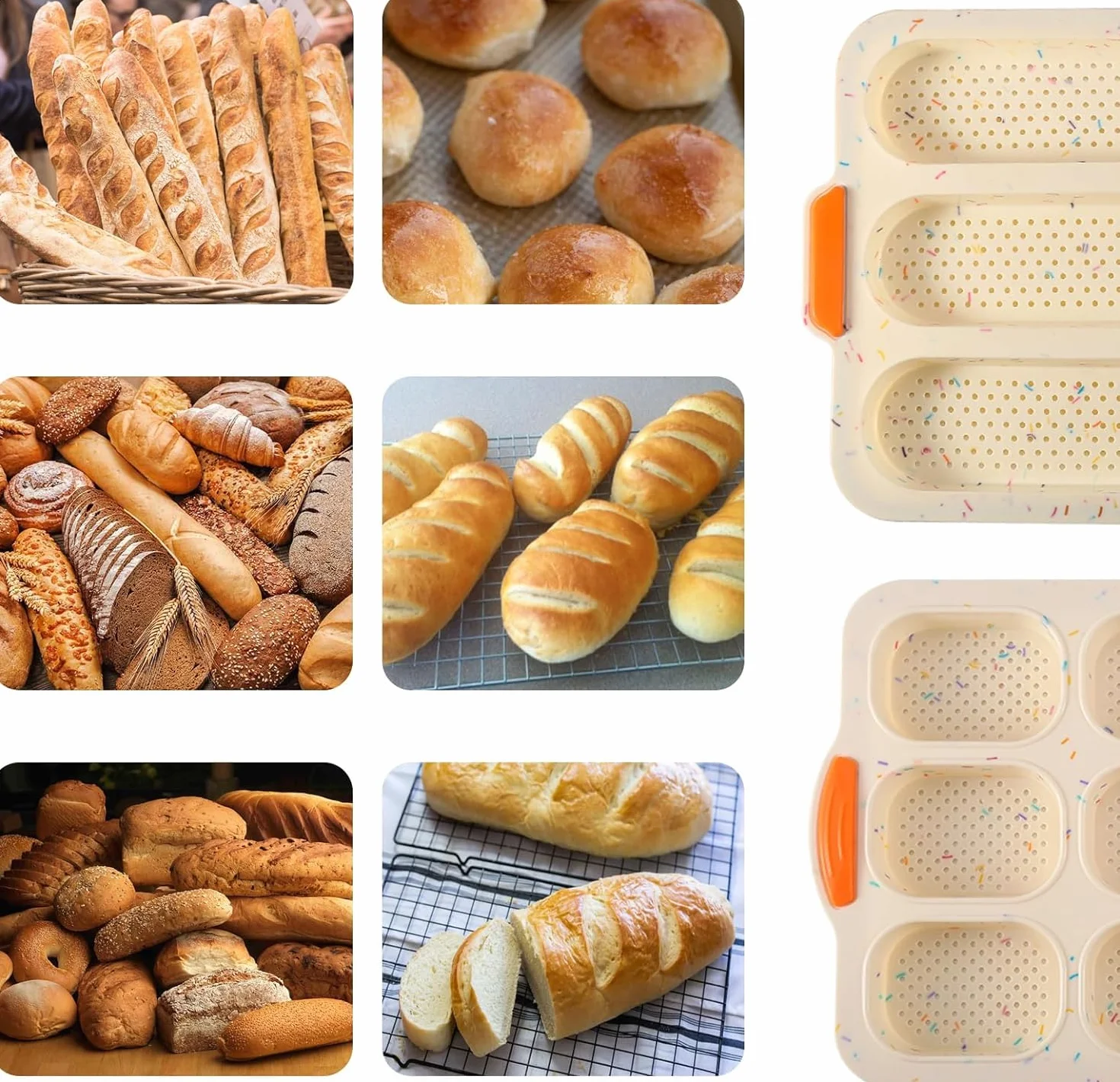 Silikonowa forma do pieczenia bułek, z silikonowym nożem i pędzlem, nieprzywierająca blacha do pieczenia chleba, 2 sztuki, beżowa