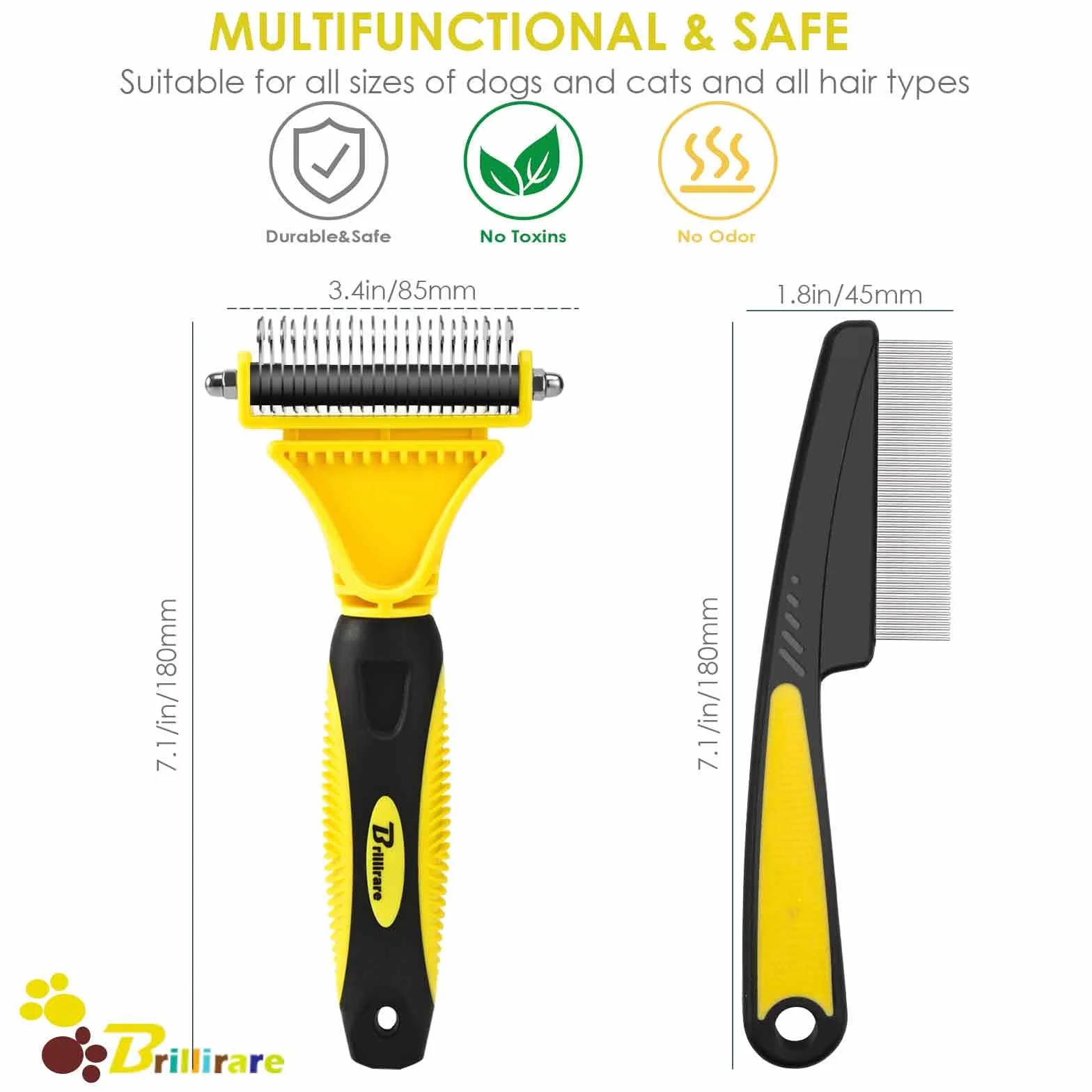 BRILLIARE Pet Grooming Dematting Brush & Stainless-Steel Comb, 2 Sided Undercoat Rake for Cat Dog Deshedding