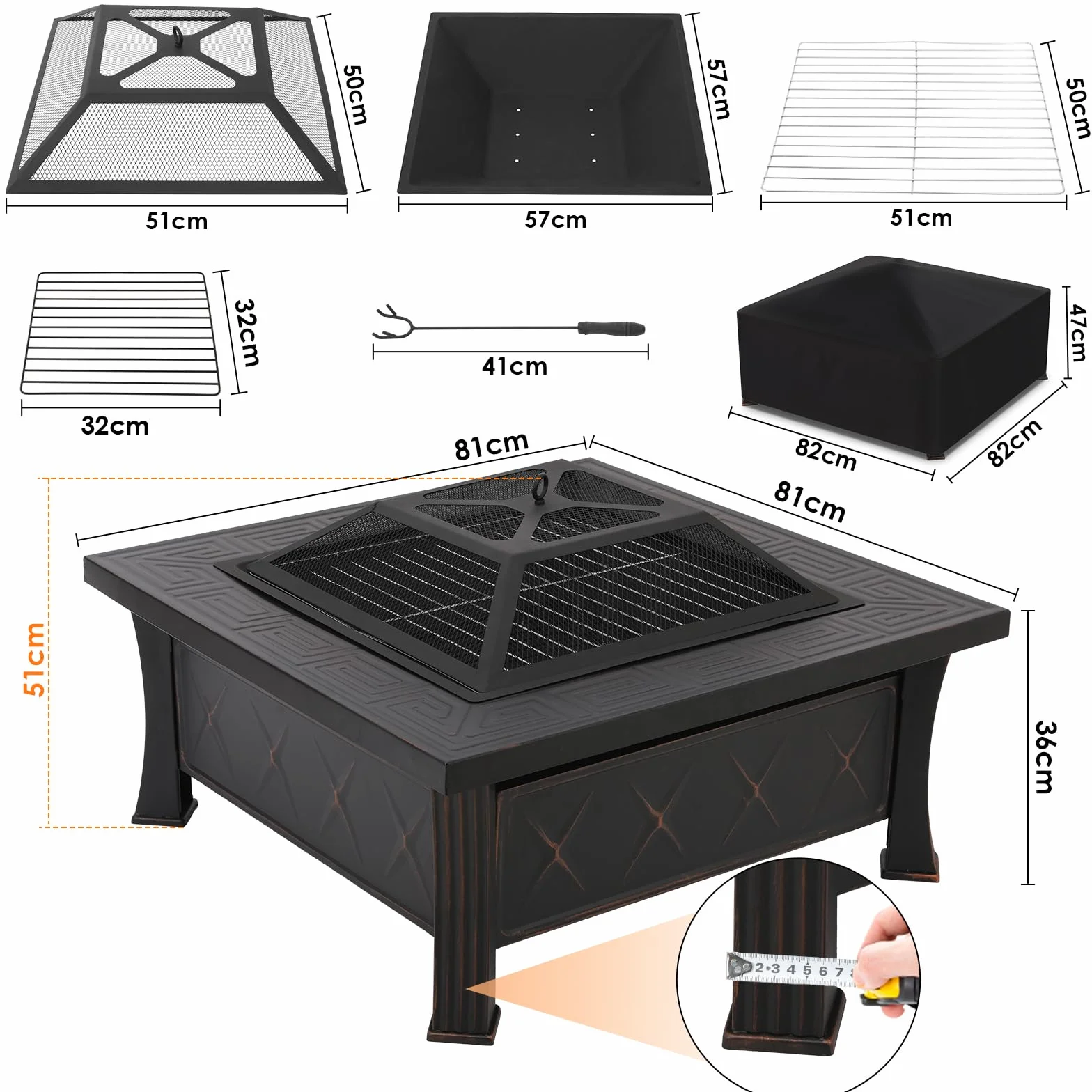 Palenisko do grillowania i ochrony przed iskrami, 3 w 1, kwadratowe z pokrywą, do ogrodu, BBQ, kempingu, ogrzewanie tarasu, 81x81x51 cm