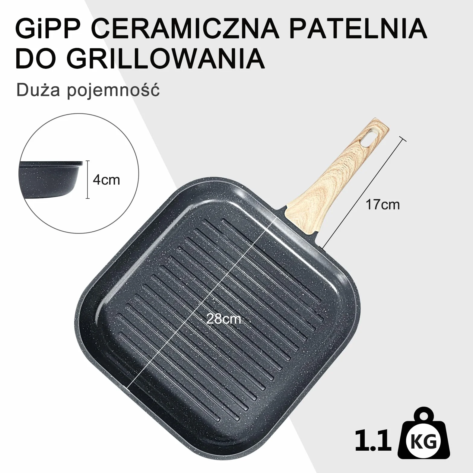 GiPP Patelnia grillowa 28 x 28 cm, patelnia do steków, patelnia grillowa indukcyjna odlew aluminiowy z powłoką zapobiegającą przywieraniu granitu, 100% bez PFOA, nadaje się do wszystkich rodzajów