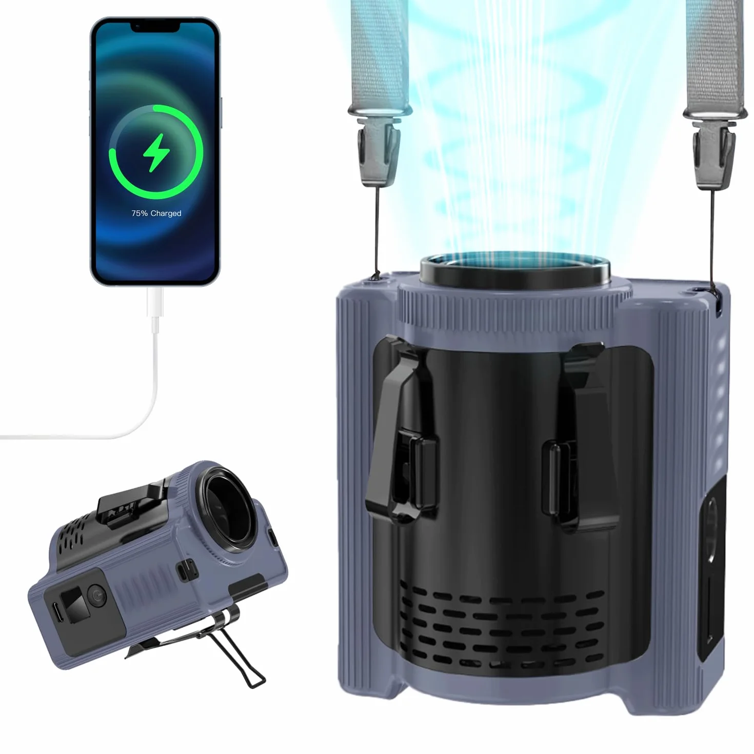 MERTTURM Przenośny akumulator mocny klips na talię wentylator (chłodzenie 22 godz.), 10000 mAh, poręczny osobisty wentylator na szyję, ciało, pasek, biurko, z oświetleniem i powerbankiem, do pracy na